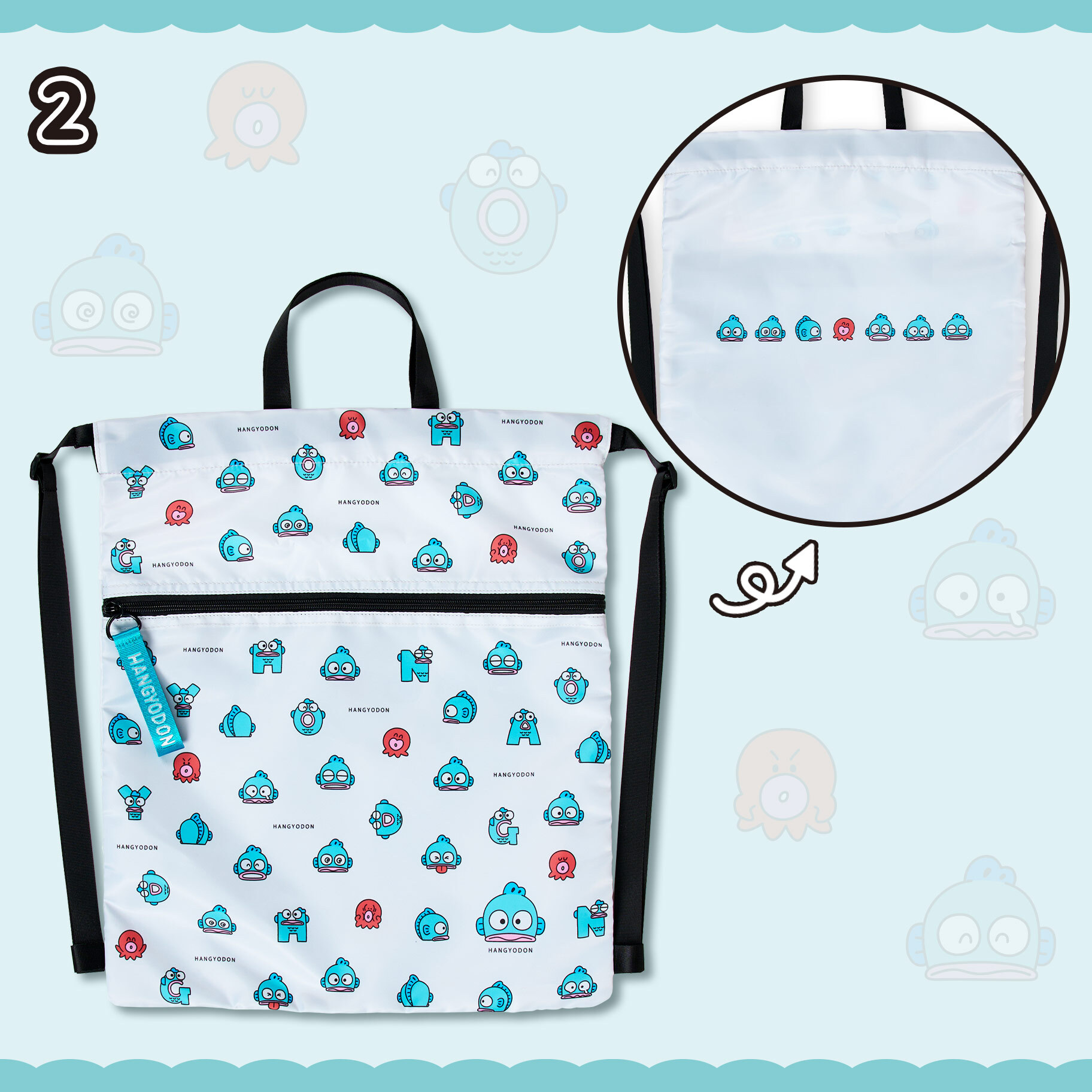 日本 Sanrio Hangyodon 水怪 & Bad Badtz-Maru XO 搞怪表情系列 - 手提背包兩用索袋