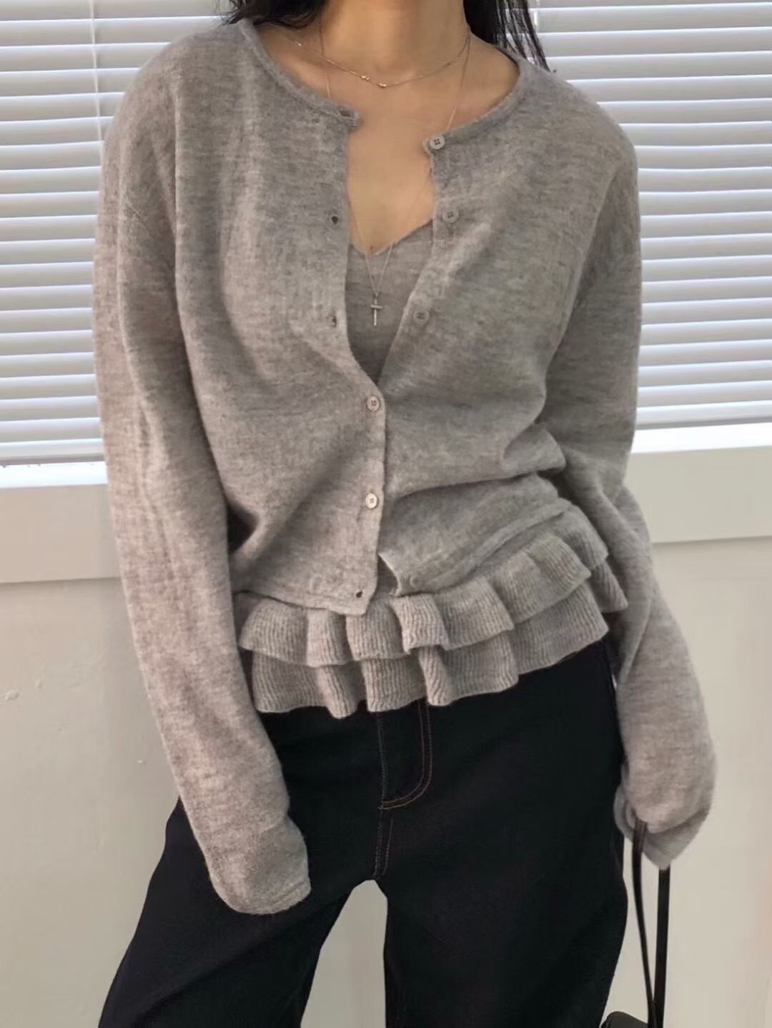 細肩帶荷葉下擺滾邊背心+罩衫外套SET / 3色