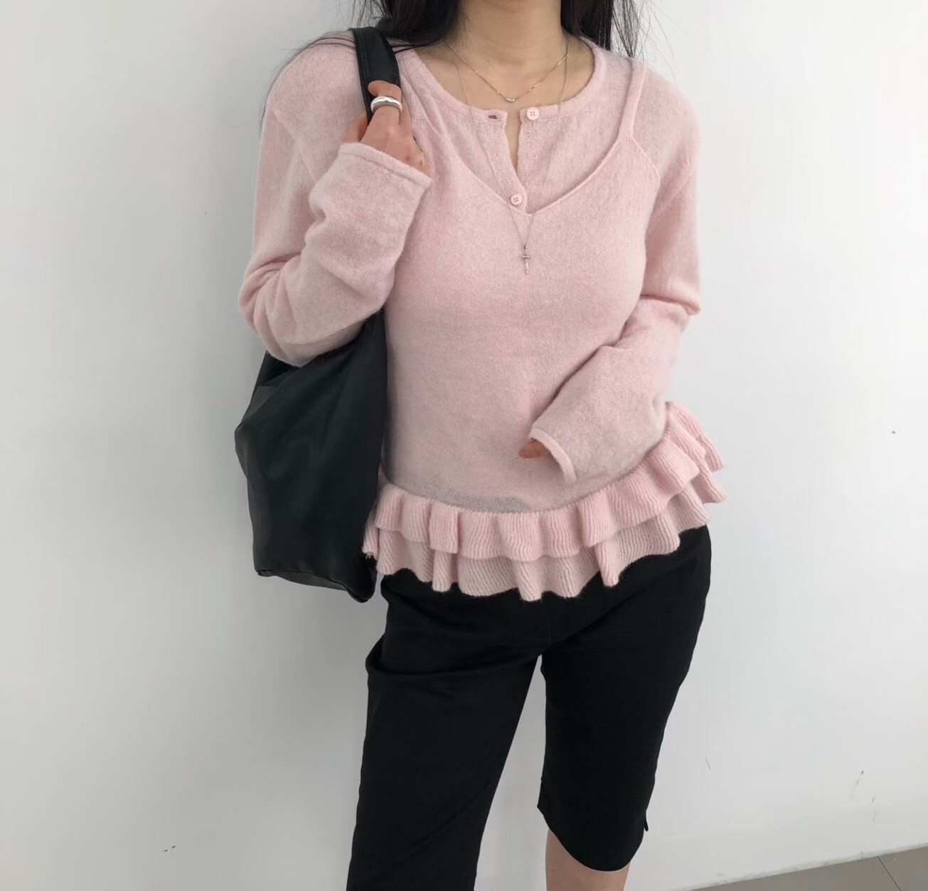 細肩帶荷葉下擺滾邊背心+罩衫外套SET / 3色