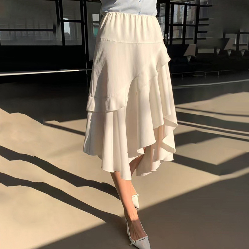 鬆緊腰不對稱荷葉滾邊傘擺長裙-F / 2色