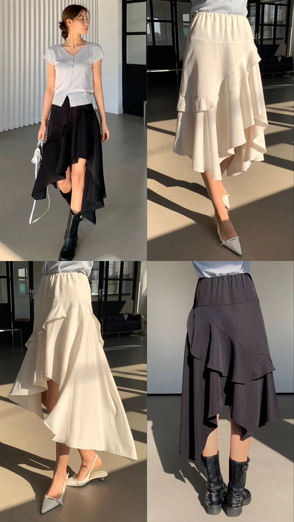 鬆緊腰不對稱荷葉滾邊傘擺長裙-F / 2色