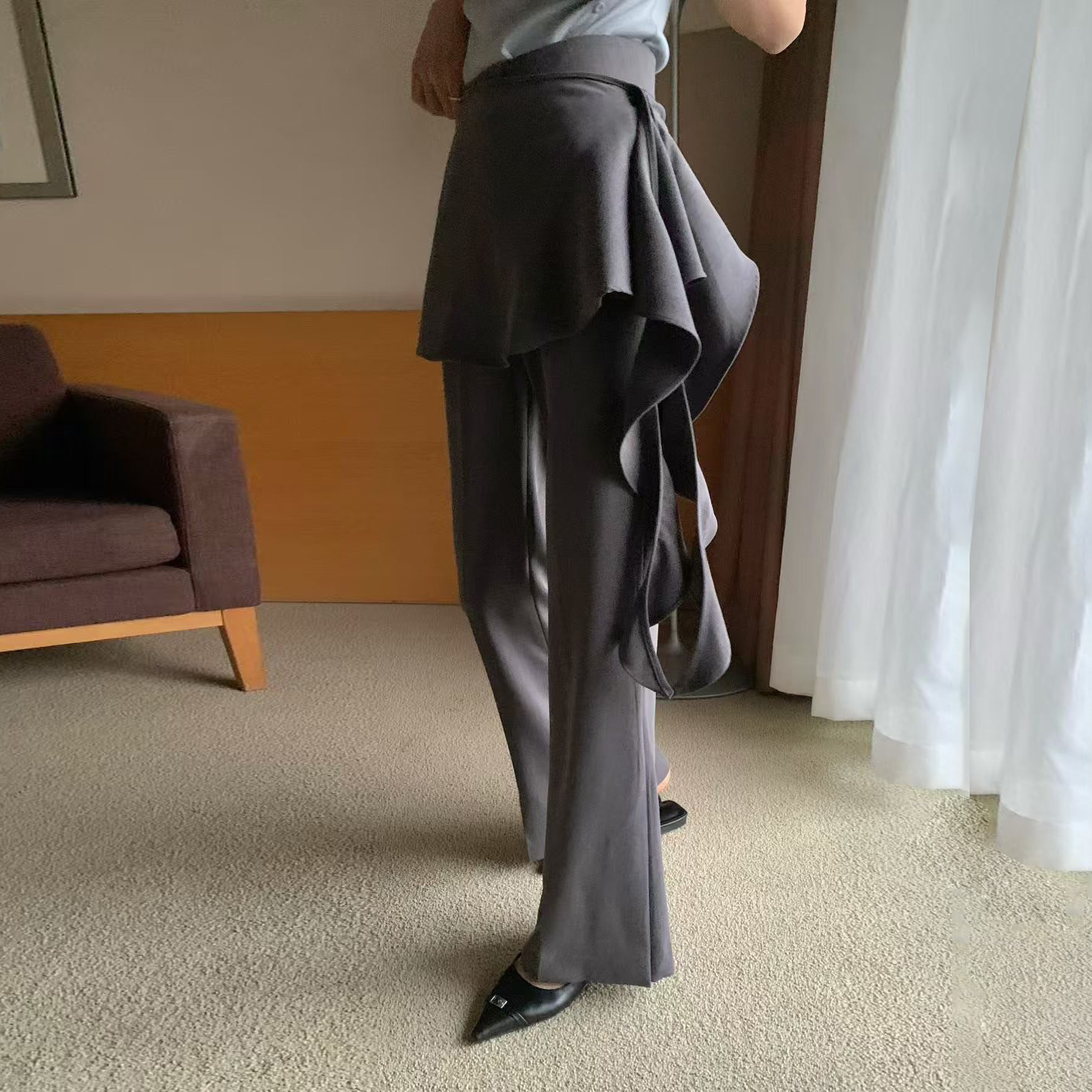 荷葉滾邊織帶造型短裙西裝喇叭褲-S-M / 2色