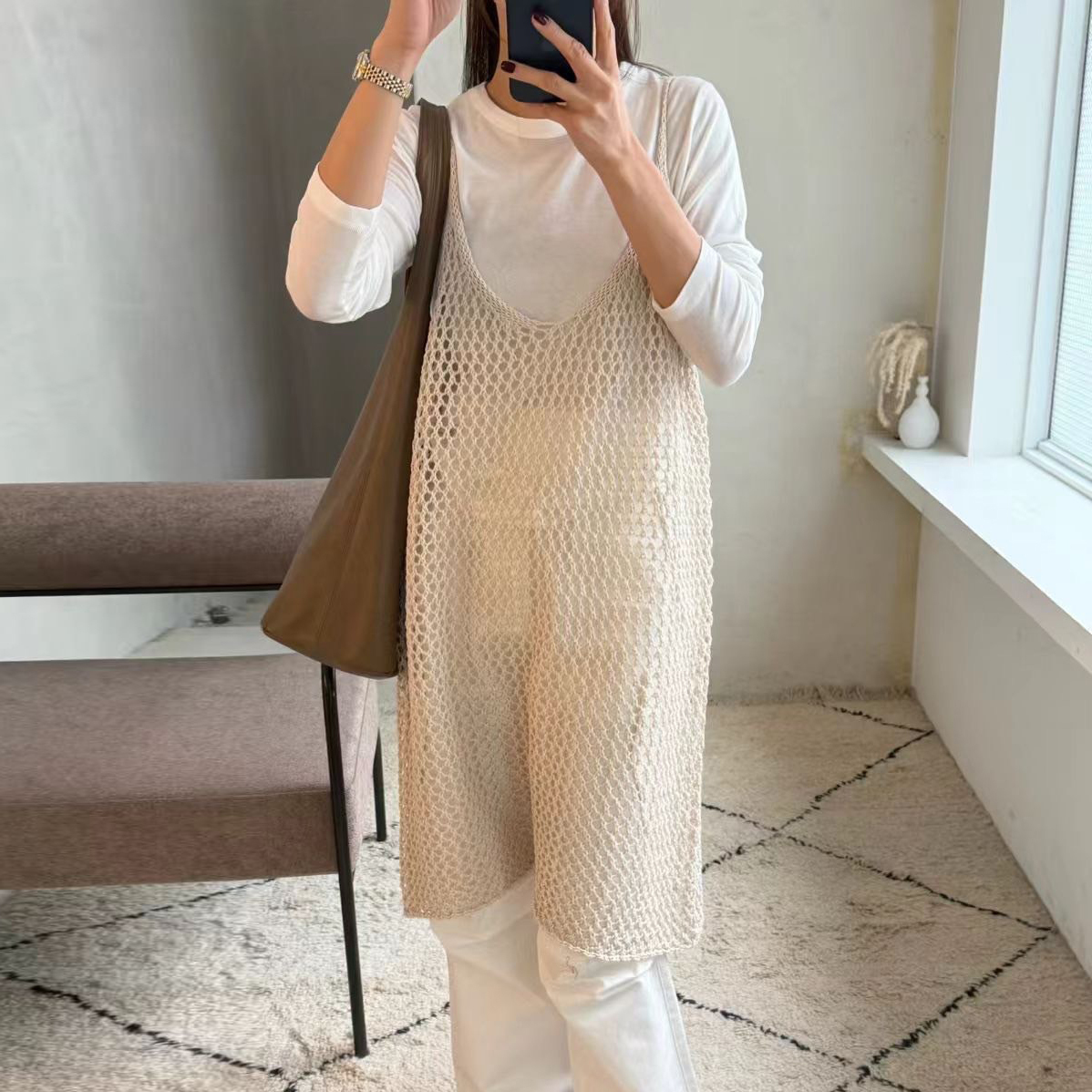 細肩帶外搭洞洞針織背心長洋裝 / 2色