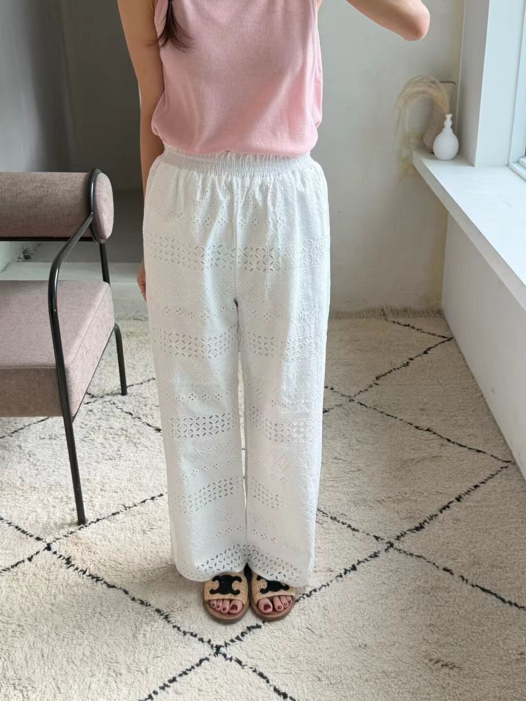 鬆緊腰波西米亞蕾絲拼接感長褲-F / 2色