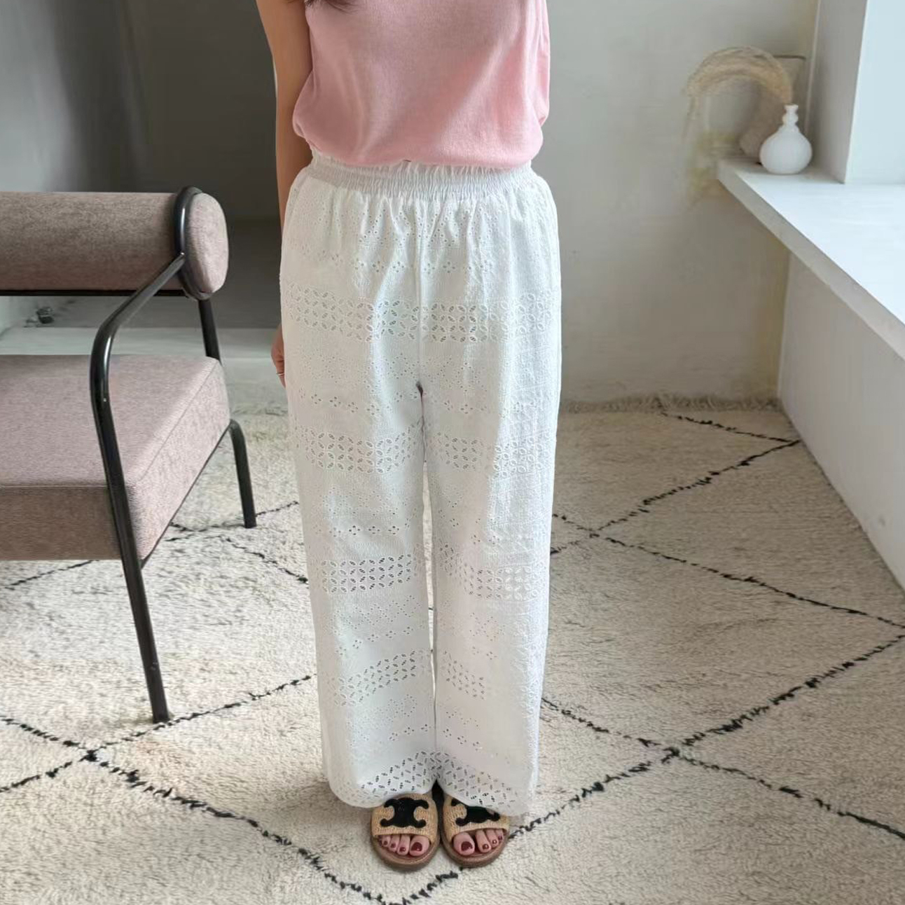 鬆緊腰波西米亞蕾絲拼接感長褲-F / 2色