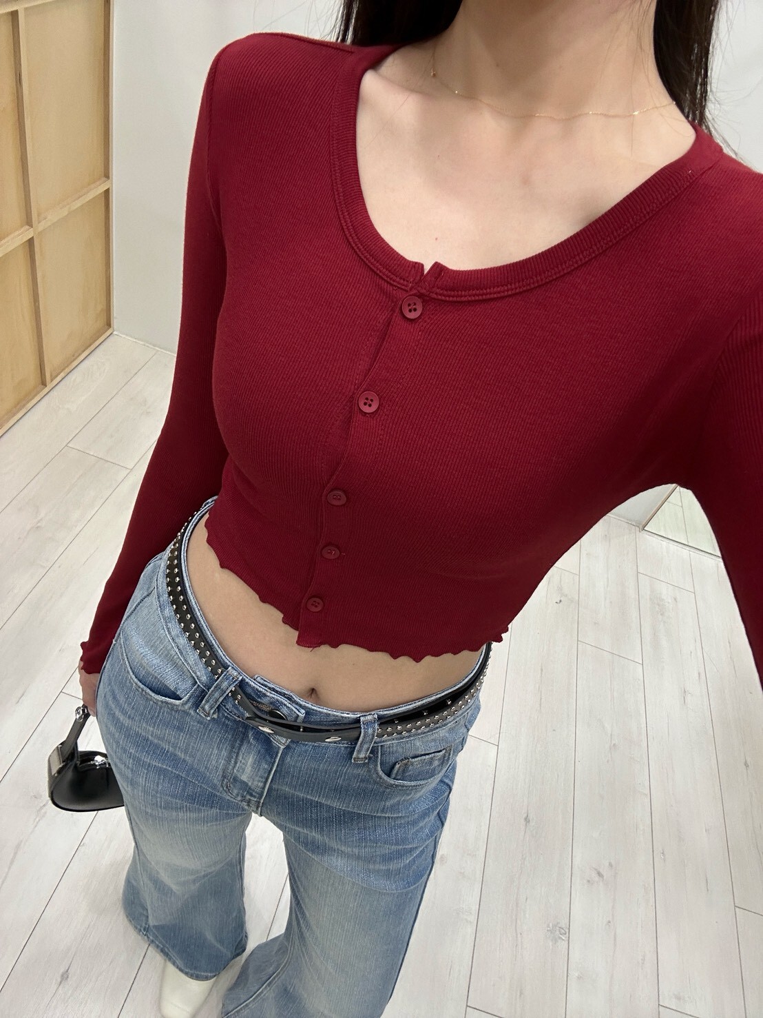 合身短版排釦羅紋長袖上衣