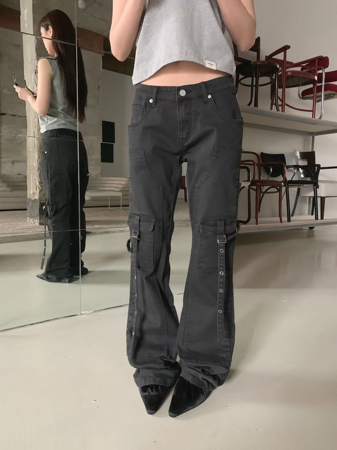 掛帶低腰口袋休閒褲