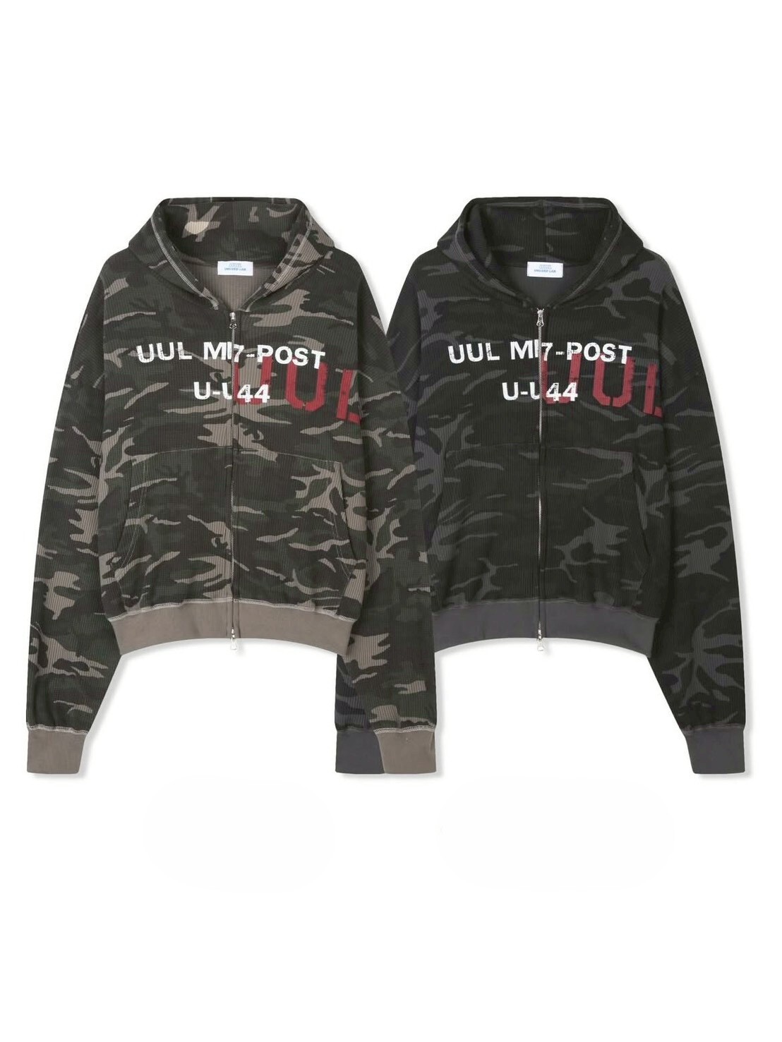 《K》迷彩文字華夫格短版連帽外套