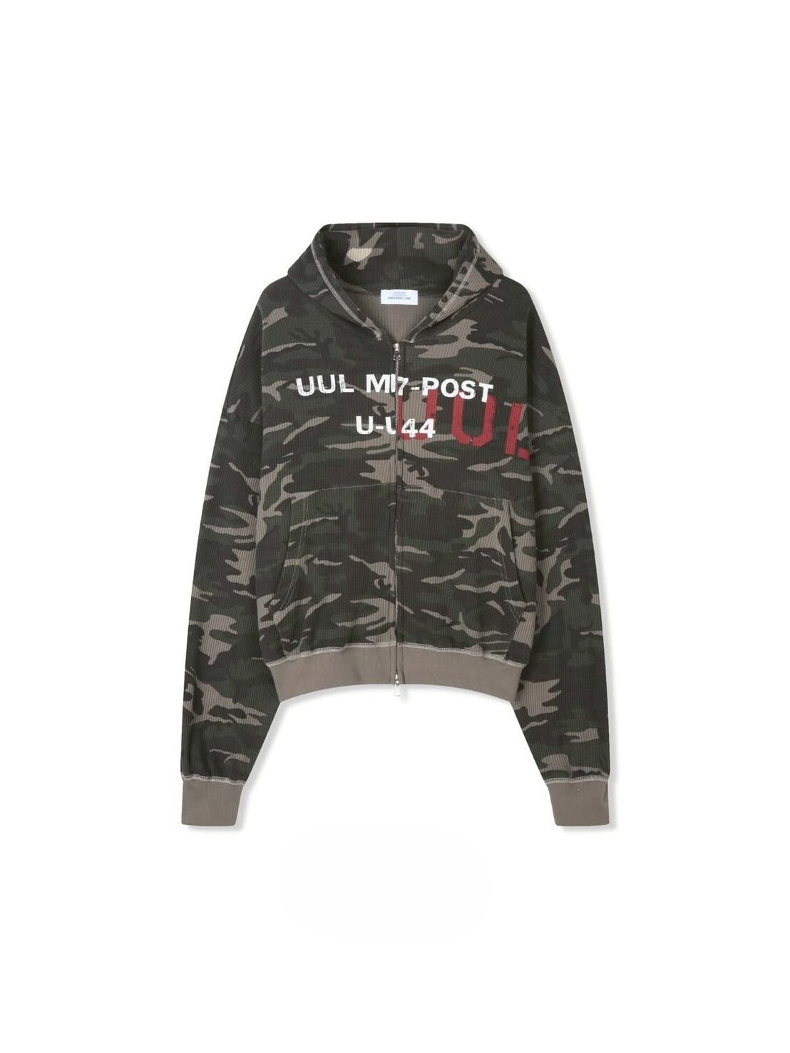 《K》迷彩文字華夫格短版連帽外套