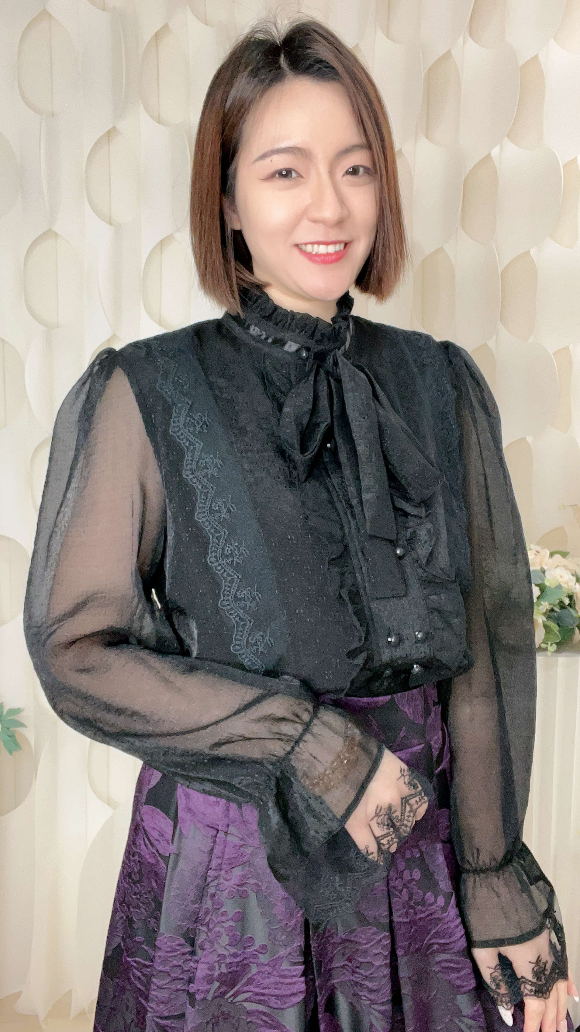 30%真絲RUFFLE領LACE邊暗紋上衣(胸38 腰38 長20吋)7351 #1903clo