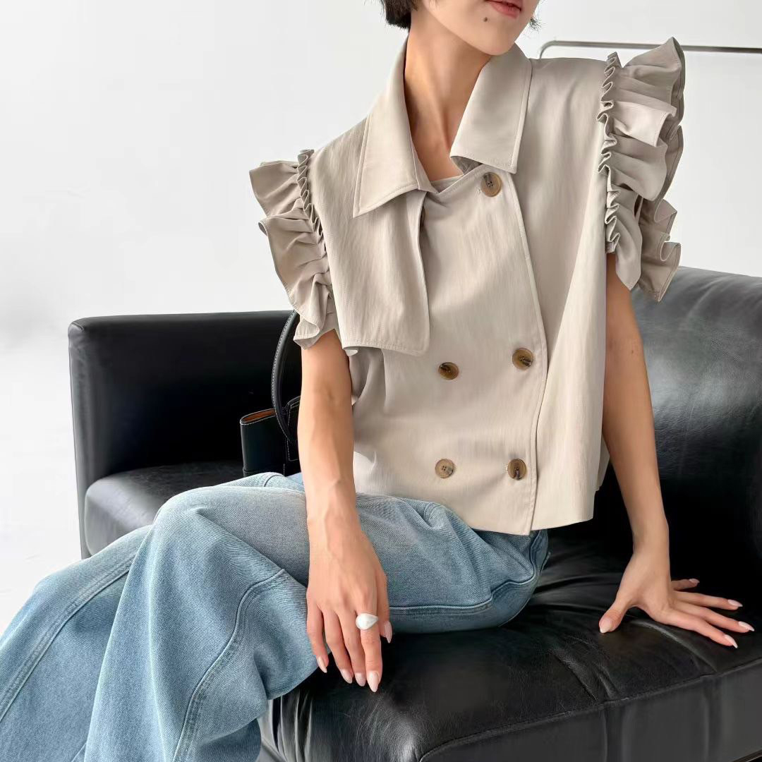 肩袖立體荷葉滾邊雙排釦上衣背心 / 2色