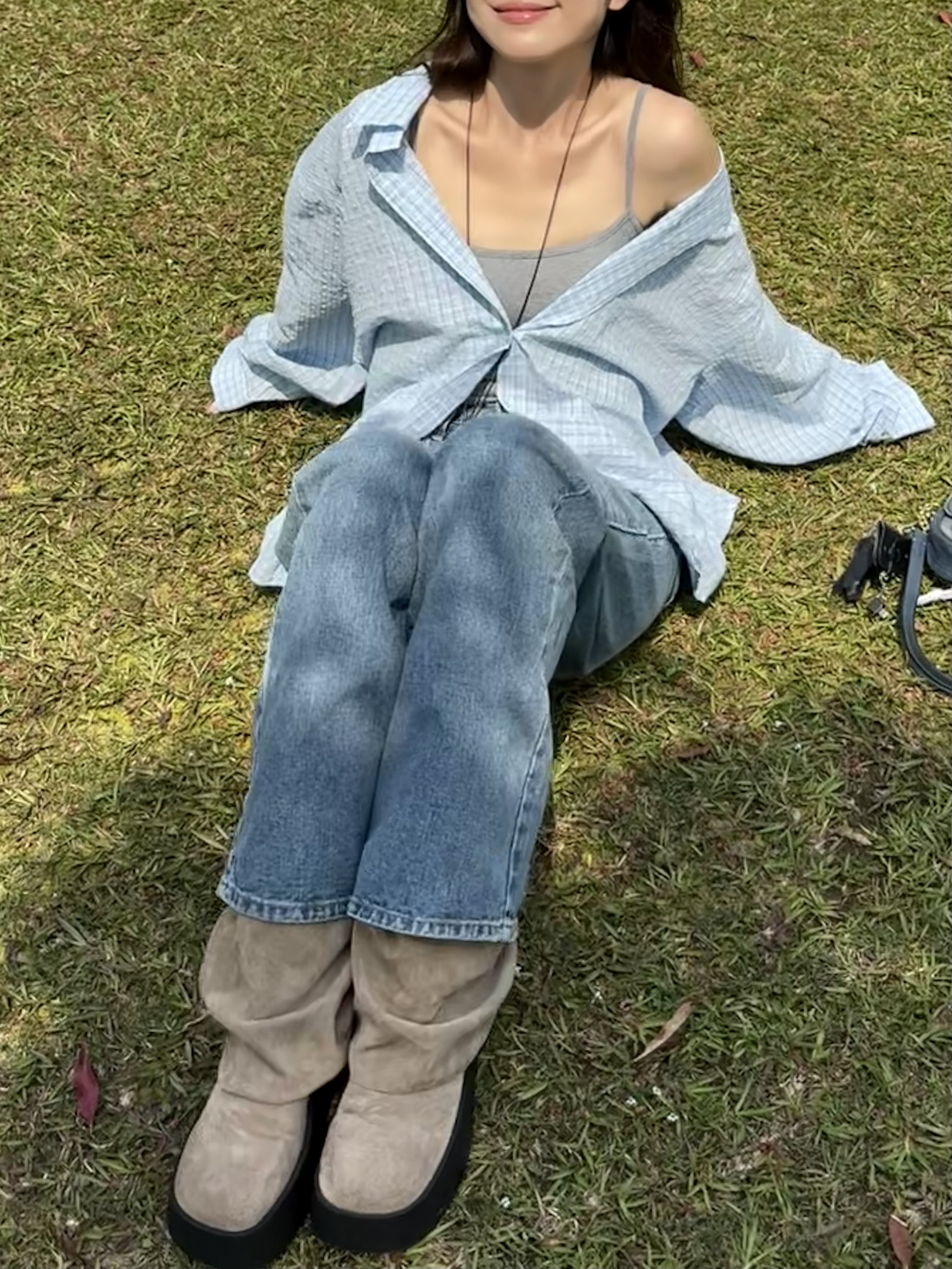 (訂購)春日氛圍感寬鬆格仔裇衫 T260318(啡/粉藍)