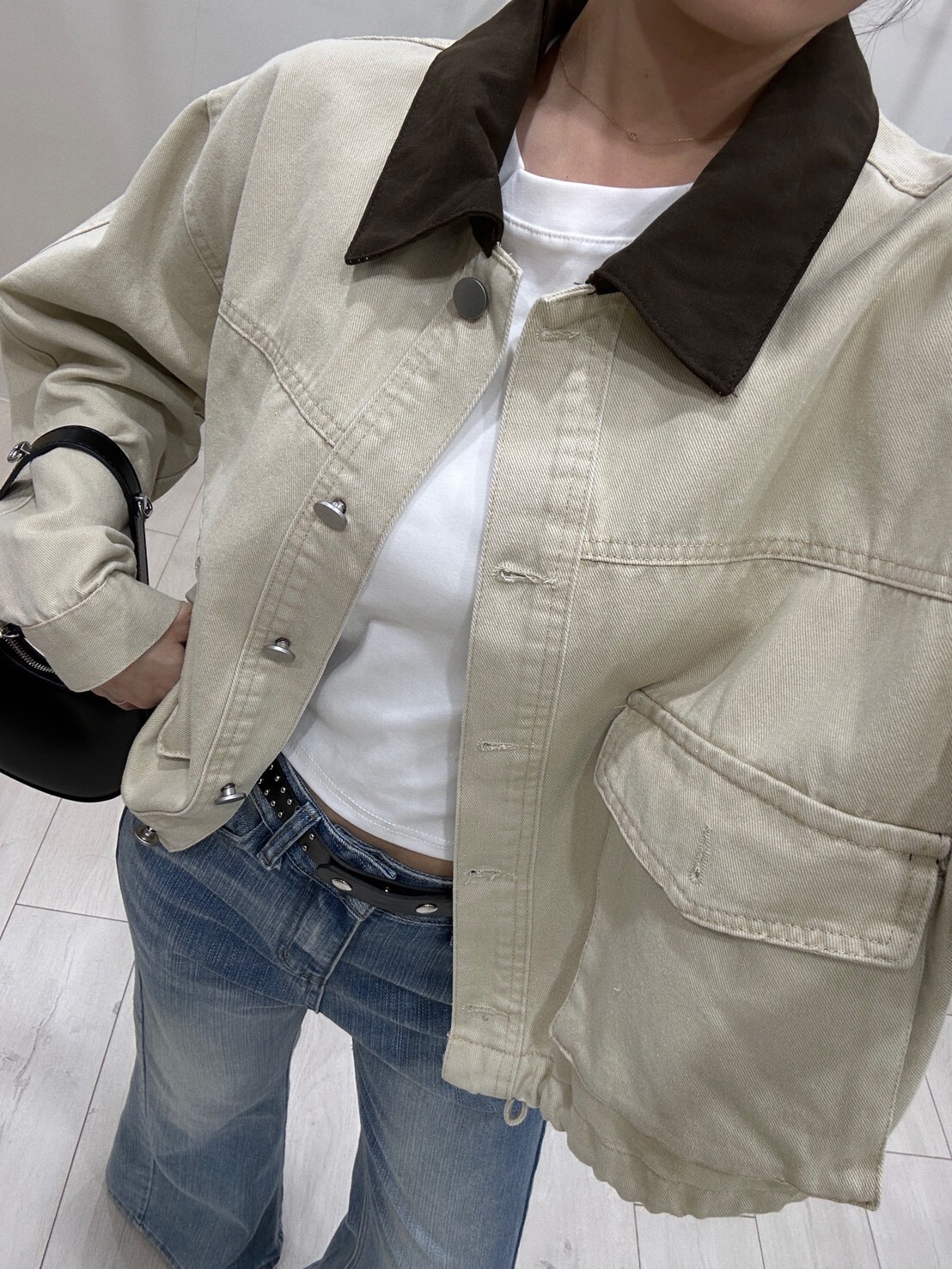 巴恩風撞色翻領牛仔外套