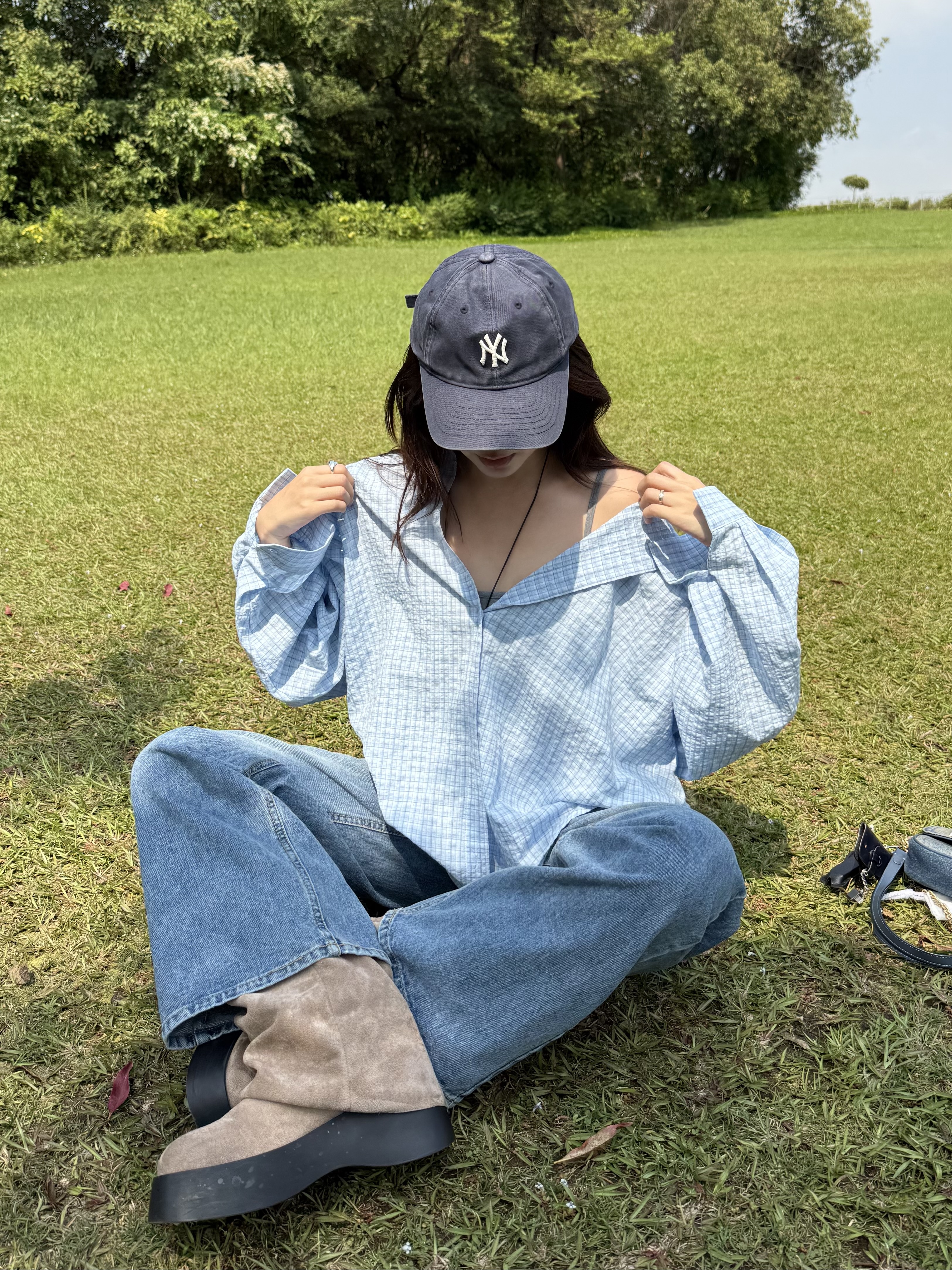 (訂購)春日氛圍感寬鬆格仔裇衫 T260318(啡/粉藍)