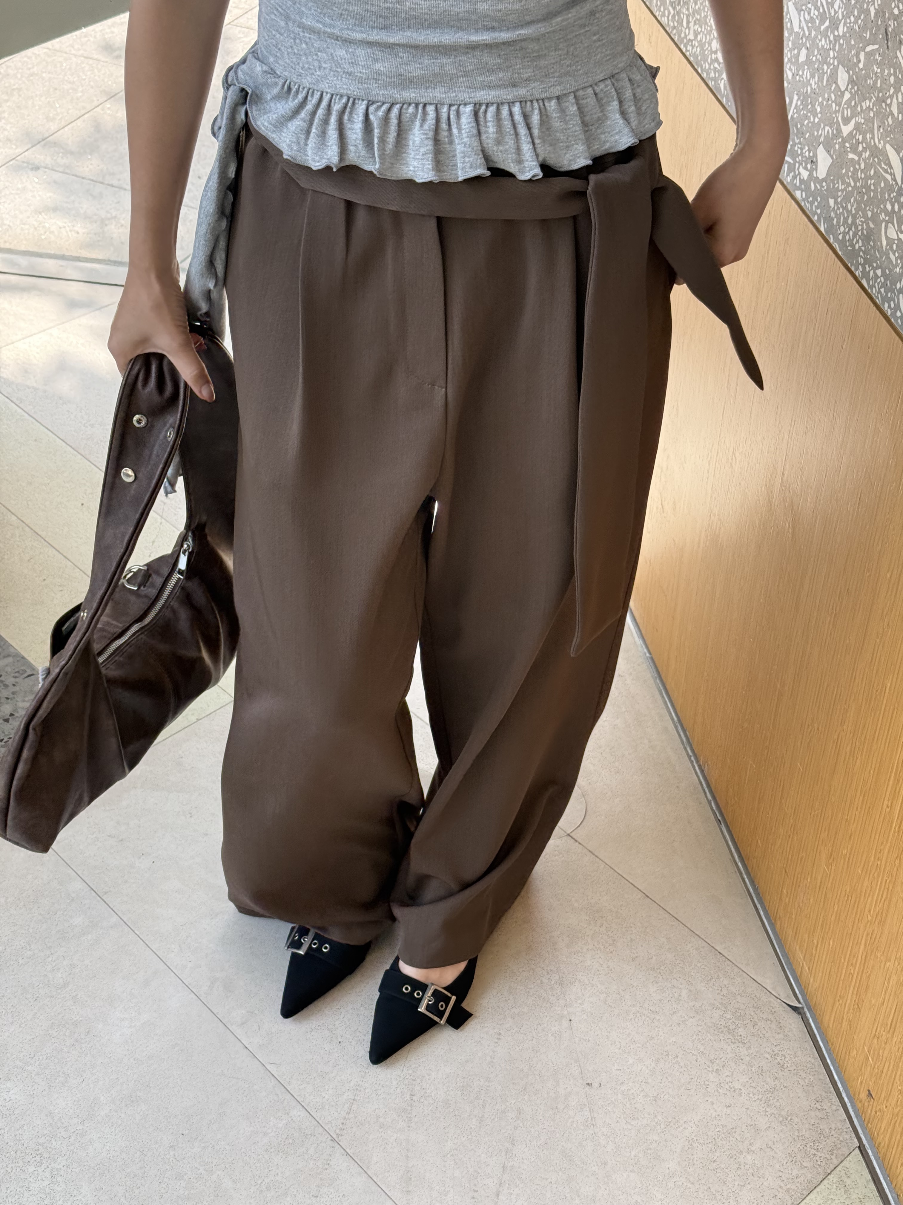 (訂購)直腳綁帶高質西褲 P260304(啡/灰)