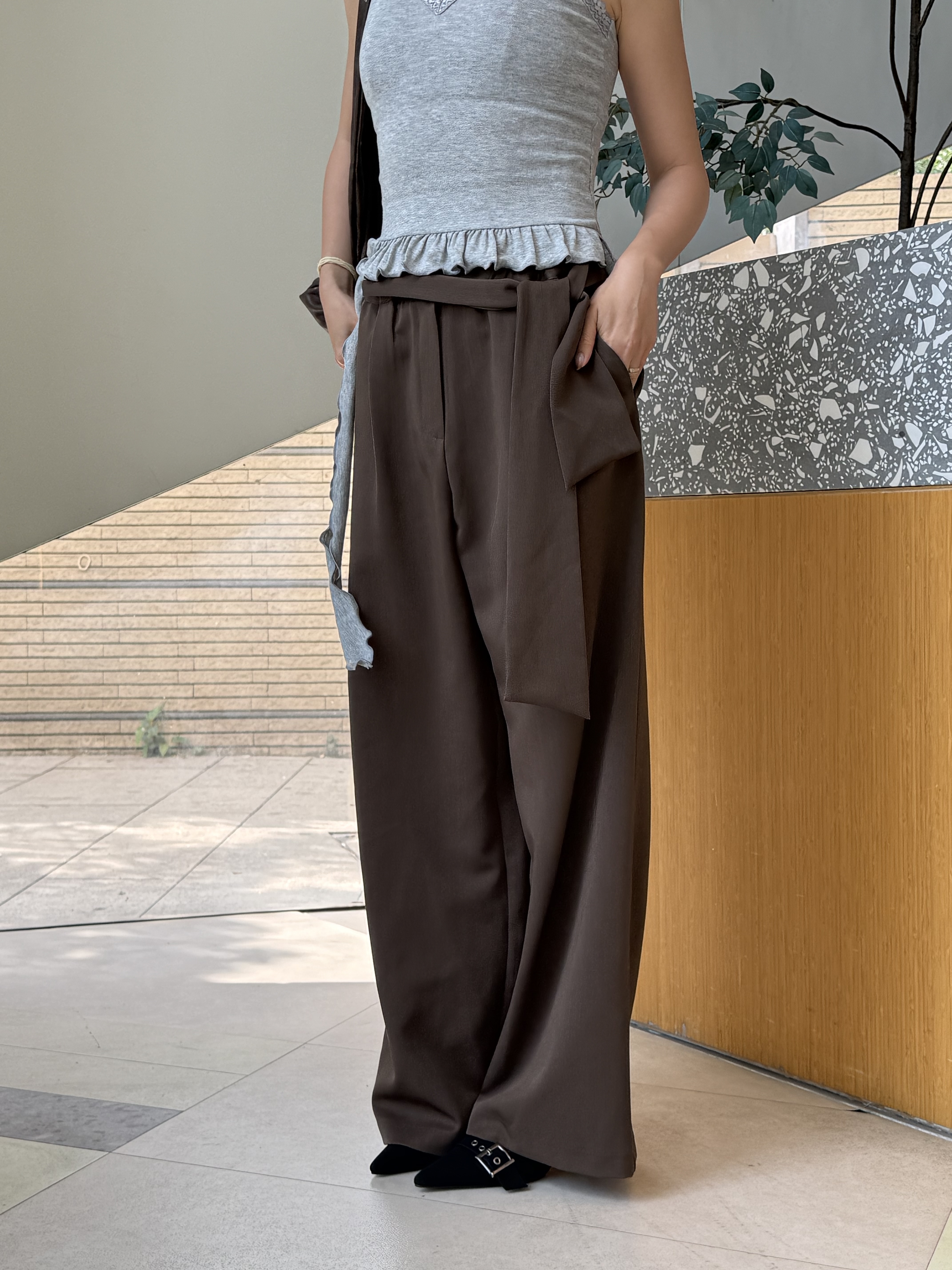 (訂購)直腳綁帶高質西褲 P260304(啡/灰)