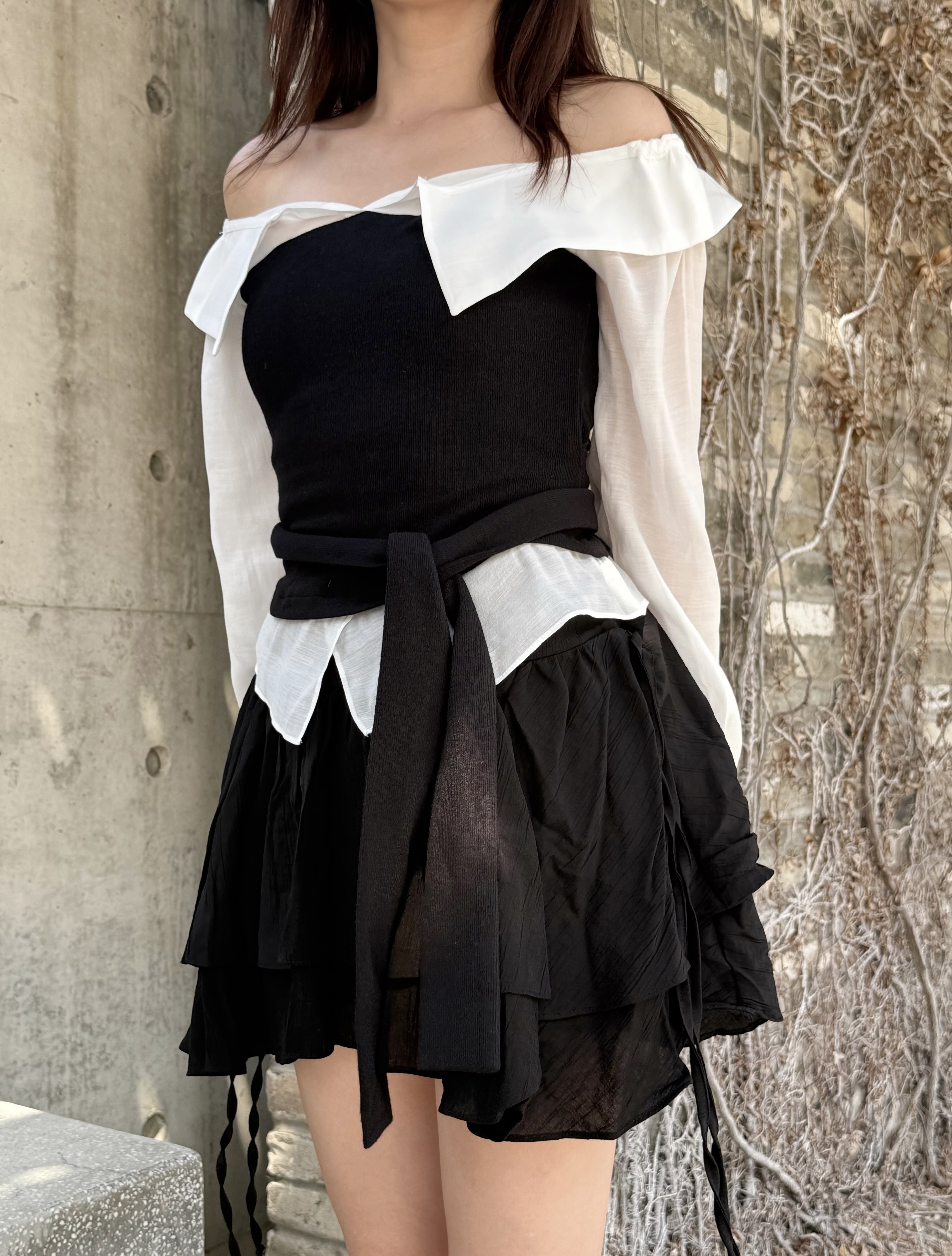 (訂購)綁帶蛋糕裙褲 SK260310(黑/白)
