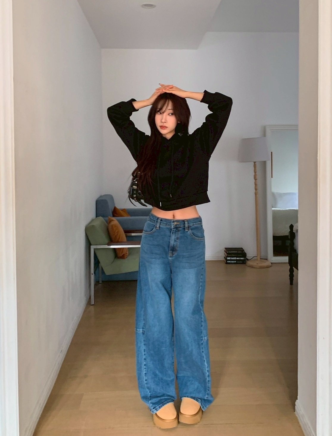 後車線拼接闊腿褲