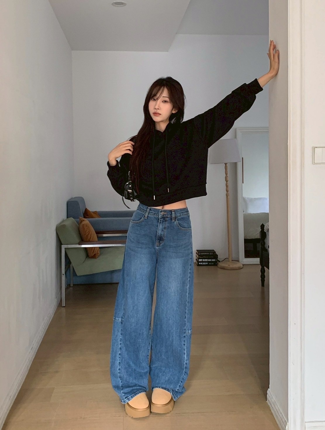 後車線拼接闊腿褲