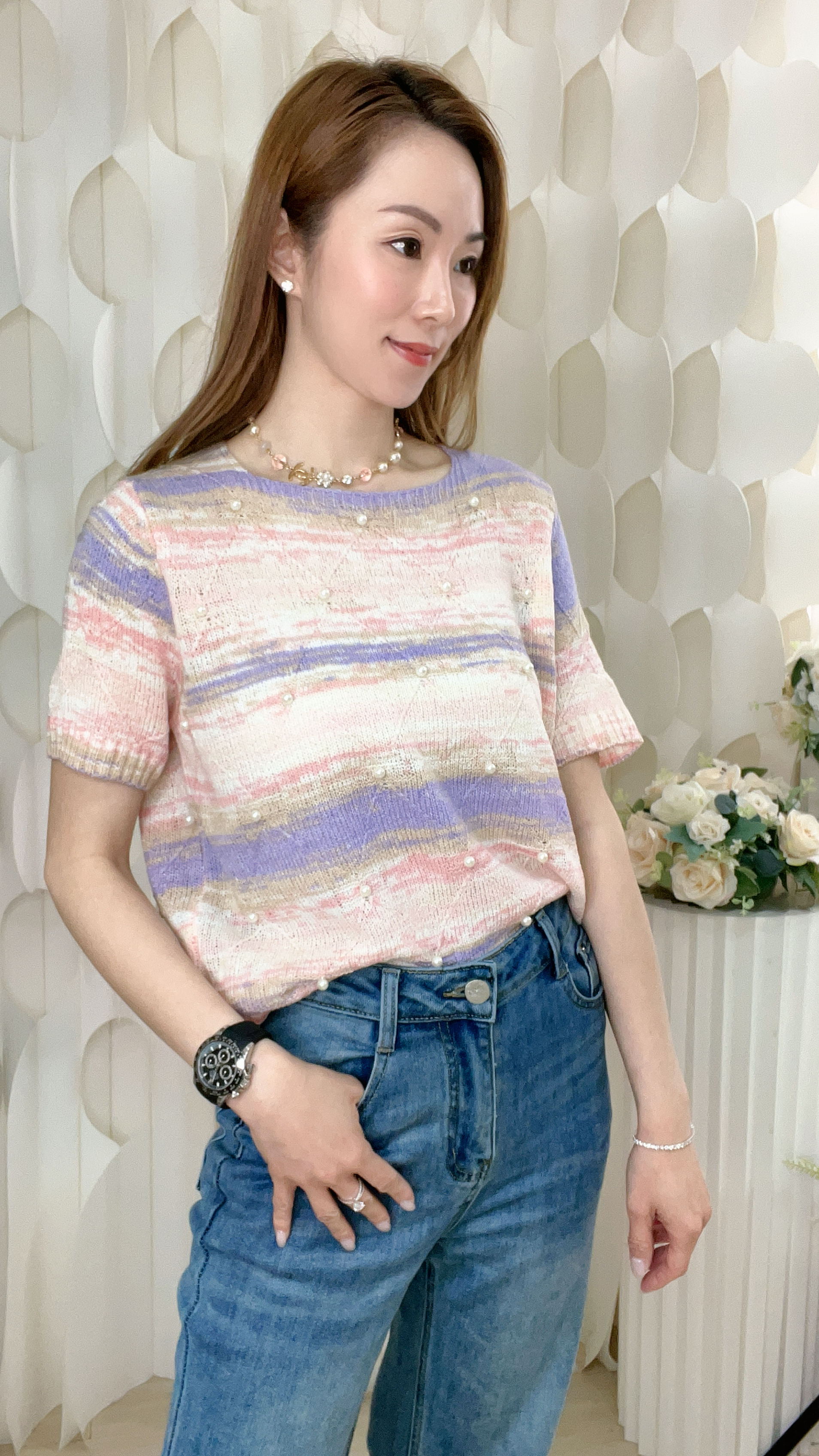 圓領珍珠拼色線仔上衣(胸42 腰42 長22吋) 7197 #1903clo