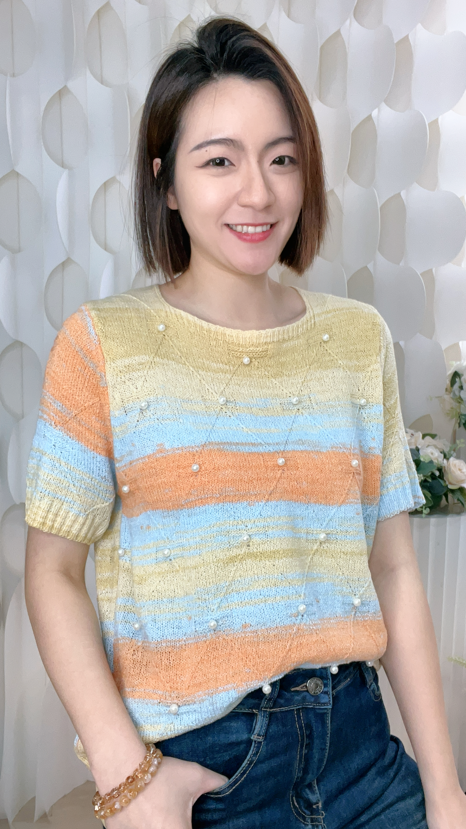 圓領珍珠拼色線仔上衣(胸42 腰42 長22吋) 7197 #1903clo