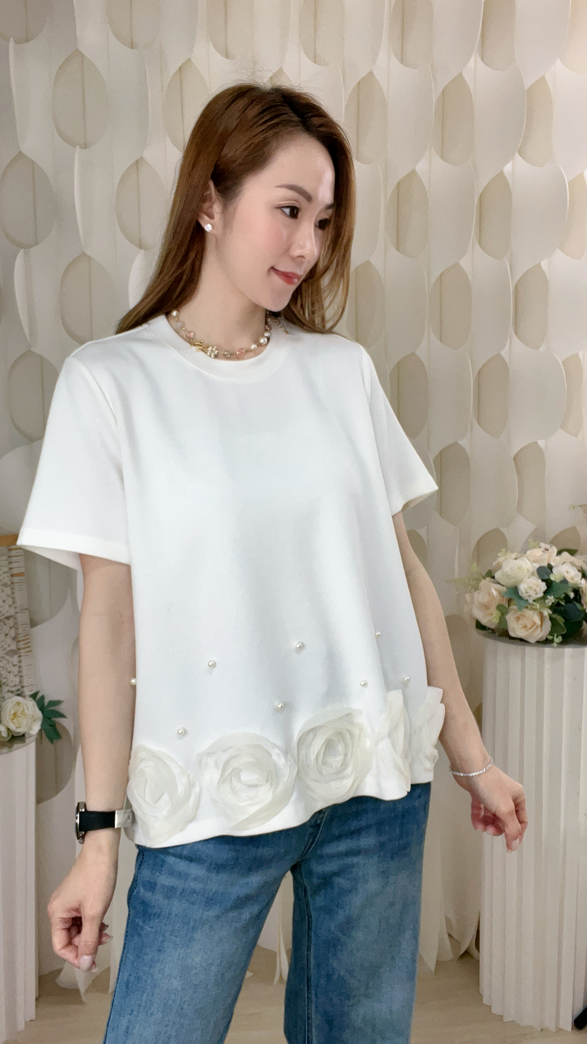 棉質珍珠立體花上衣 (胸42-48 腰44-50 長22吋) 7207 #1903clo