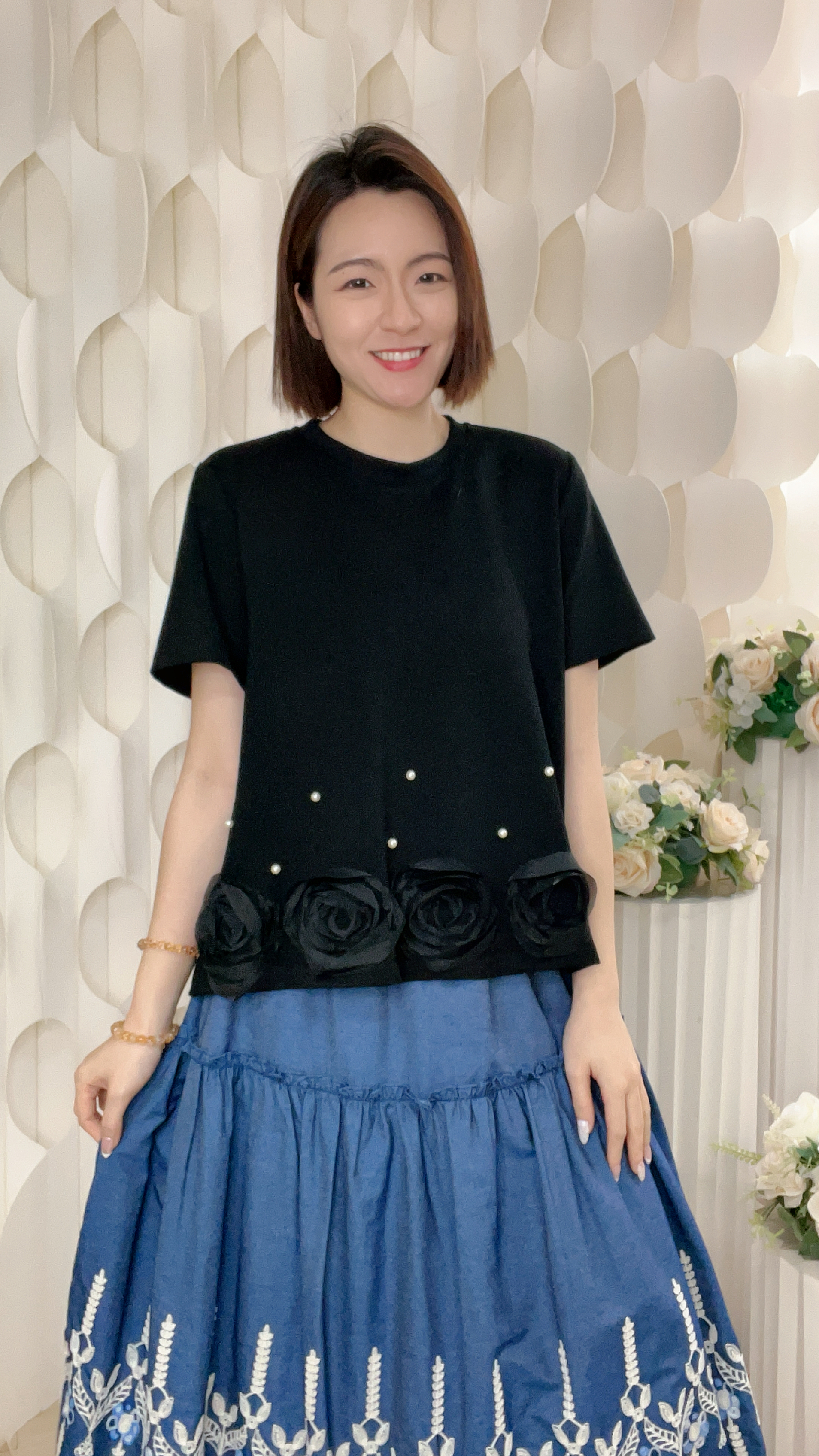 棉質珍珠立體花上衣 (胸42-48 腰44-50 長22吋) 7207 #1903clo