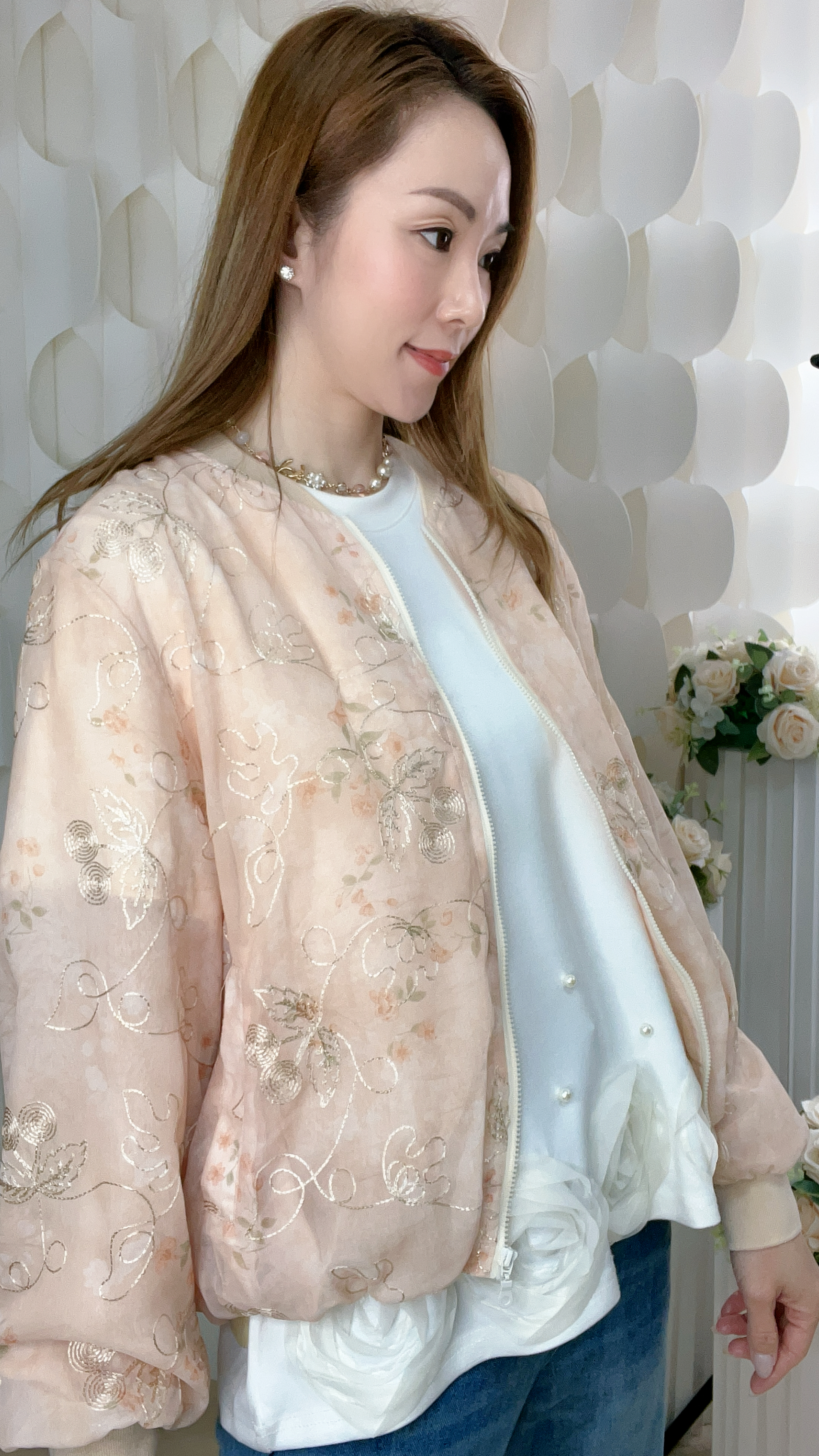 花花水墨圖案刺繡雪紡拼棉外套(胸46 腰46 長22吋)7201 #1903clo