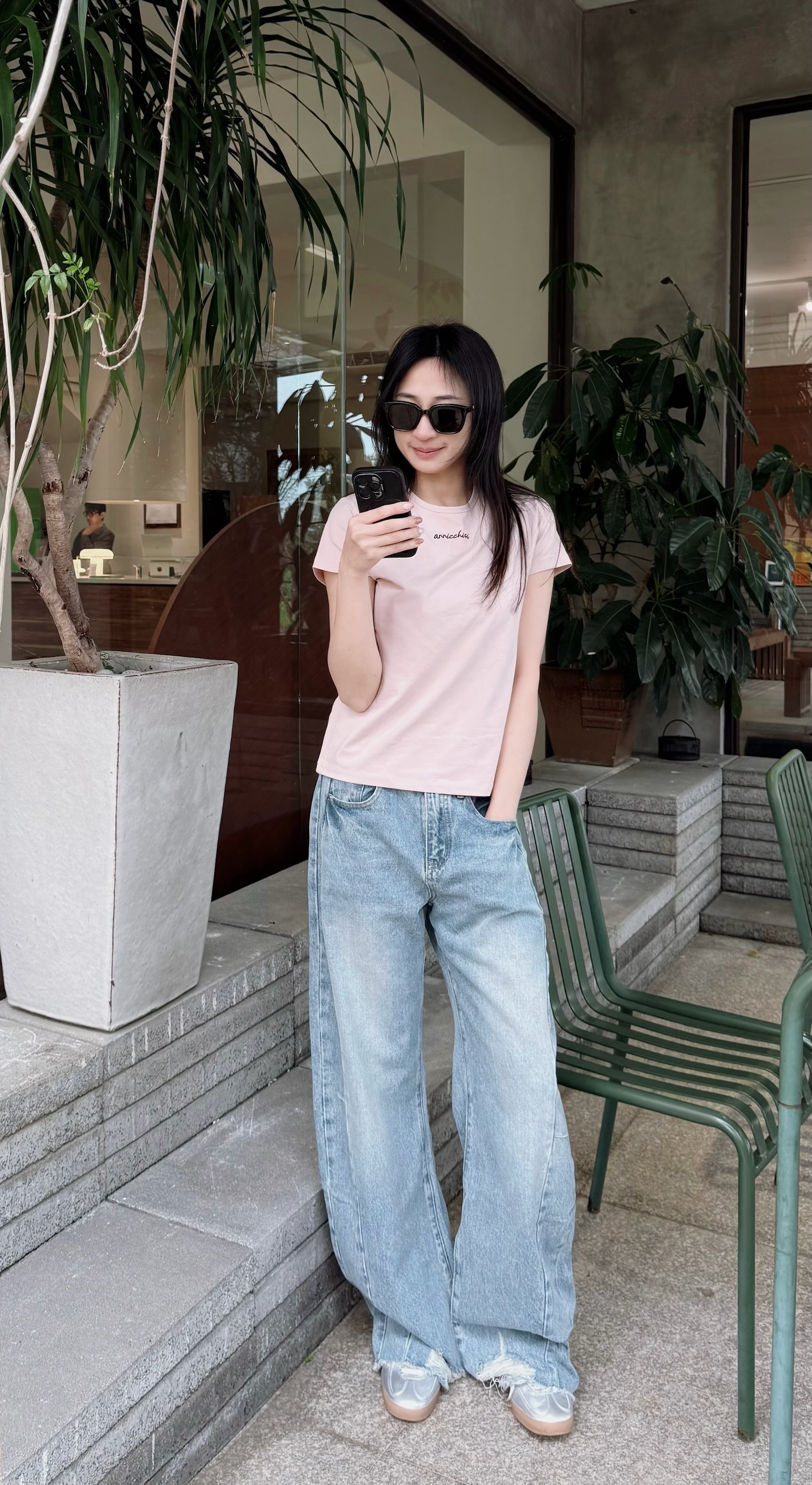 設計款 刷色彎刀落地褲