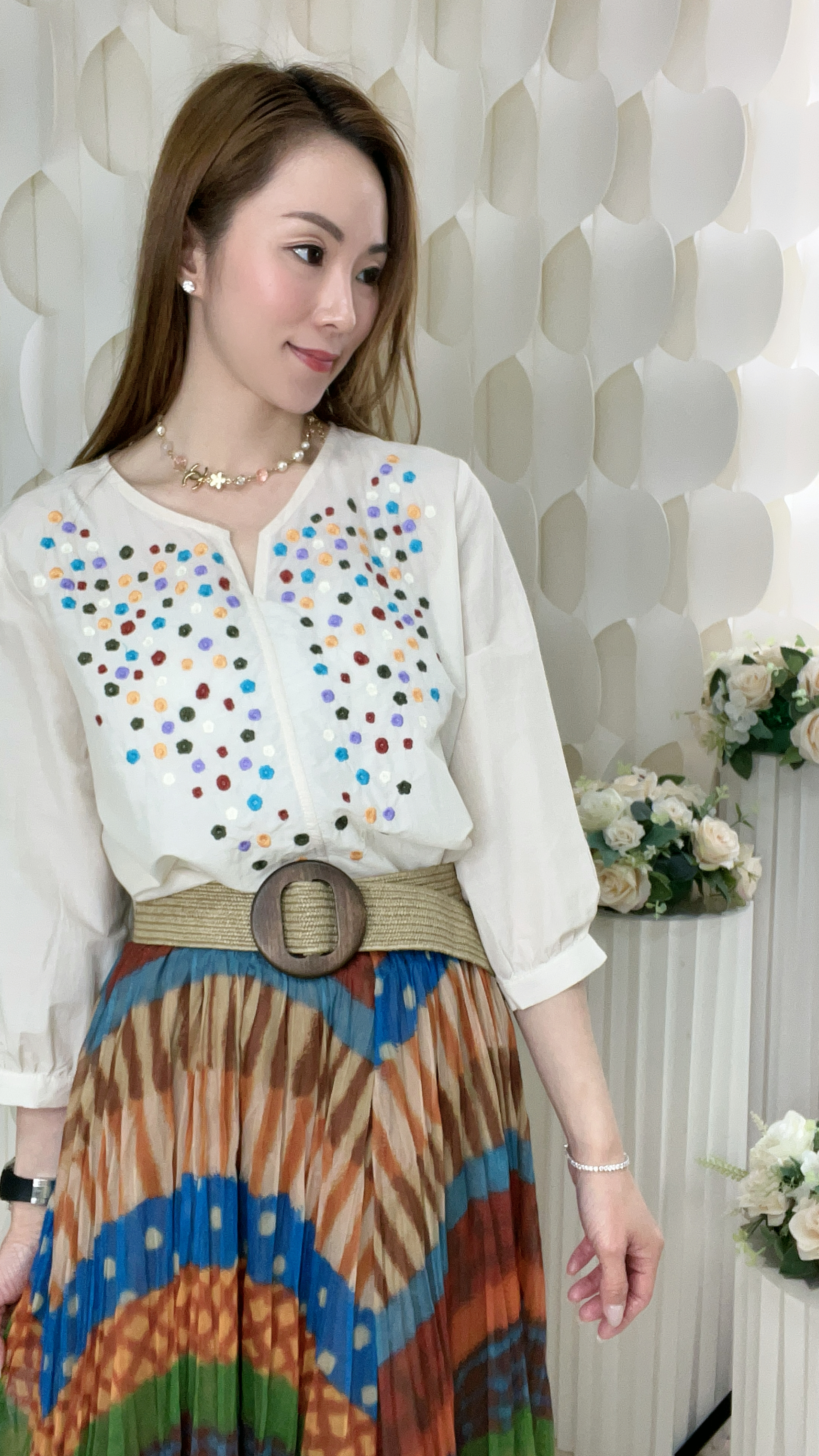 10%真絲花花刺繡中袖上衣(胸L:40/XL:42吋)7204 #1903clo