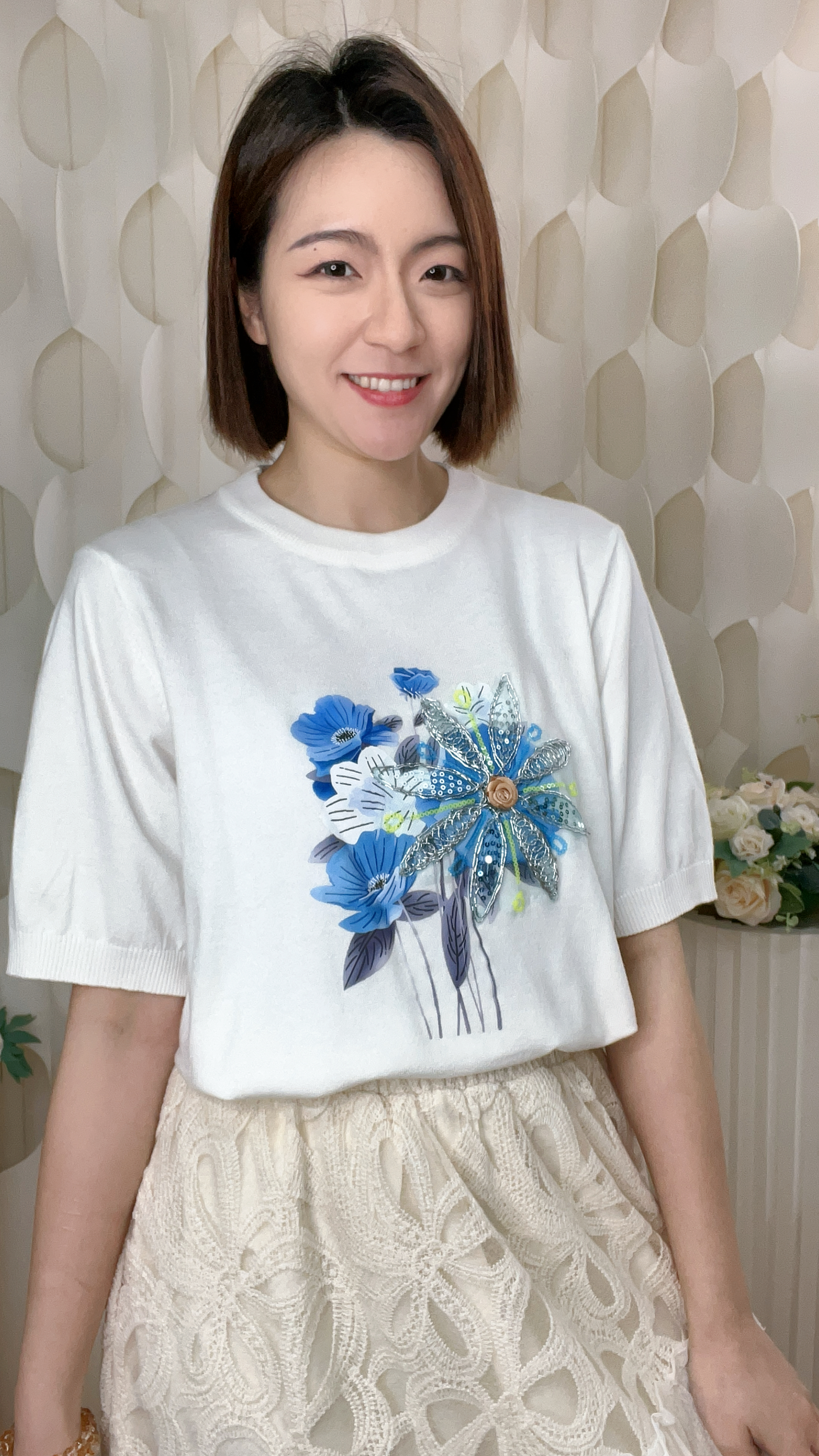 花朵印花珠片刺繡線仔上衣(胸40-48 腰40-50 長22吋)7348 #1903clo