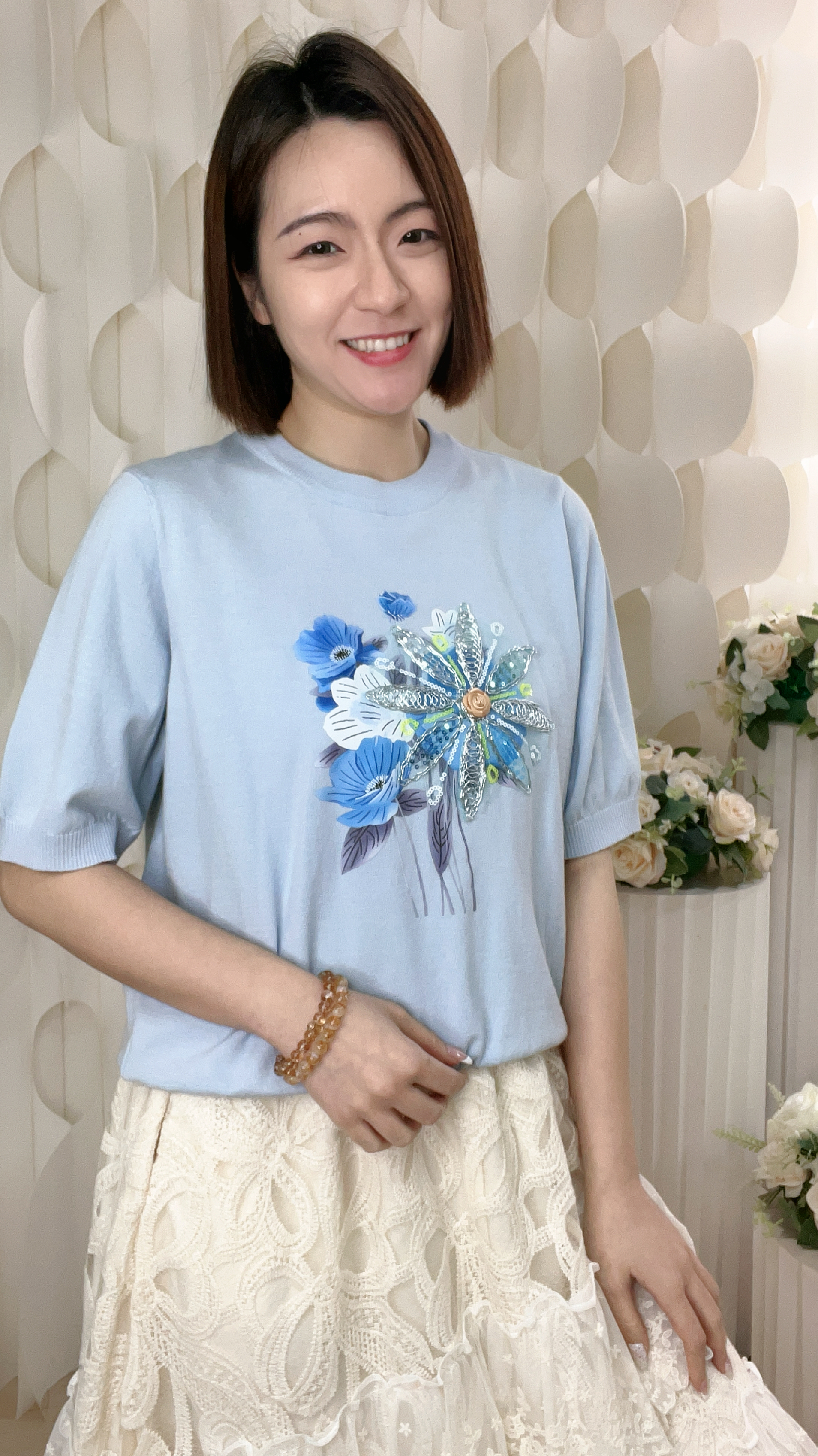 花朵印花珠片刺繡線仔上衣(胸40-48 腰40-50 長22吋)7348 #1903clo