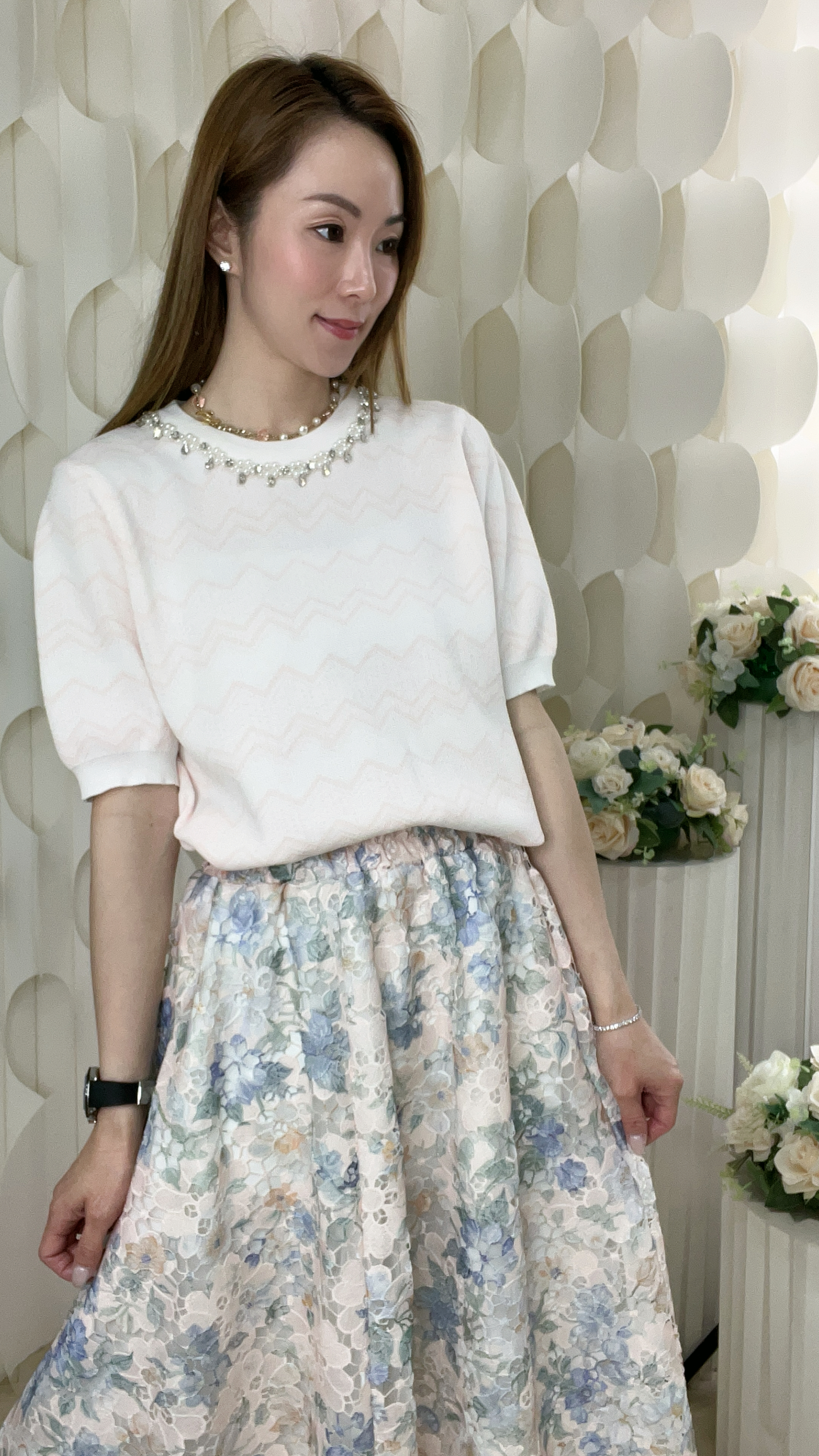 閃石珍珠圓領棉質線仔上衣(胸40-50 腰40-50 長22吋) 7212 #1903clo