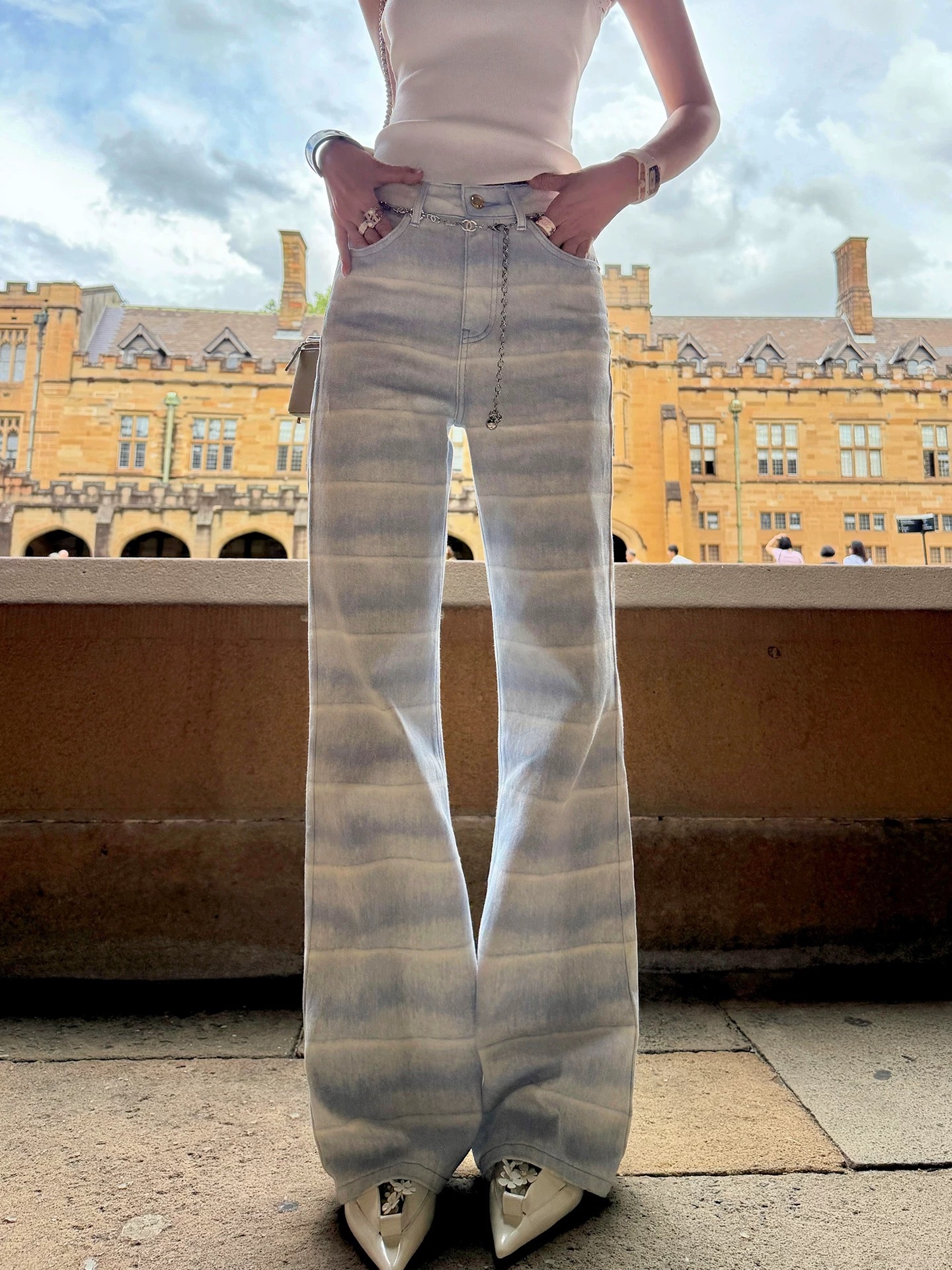 設計師家漸變條紋純棉牛仔褲