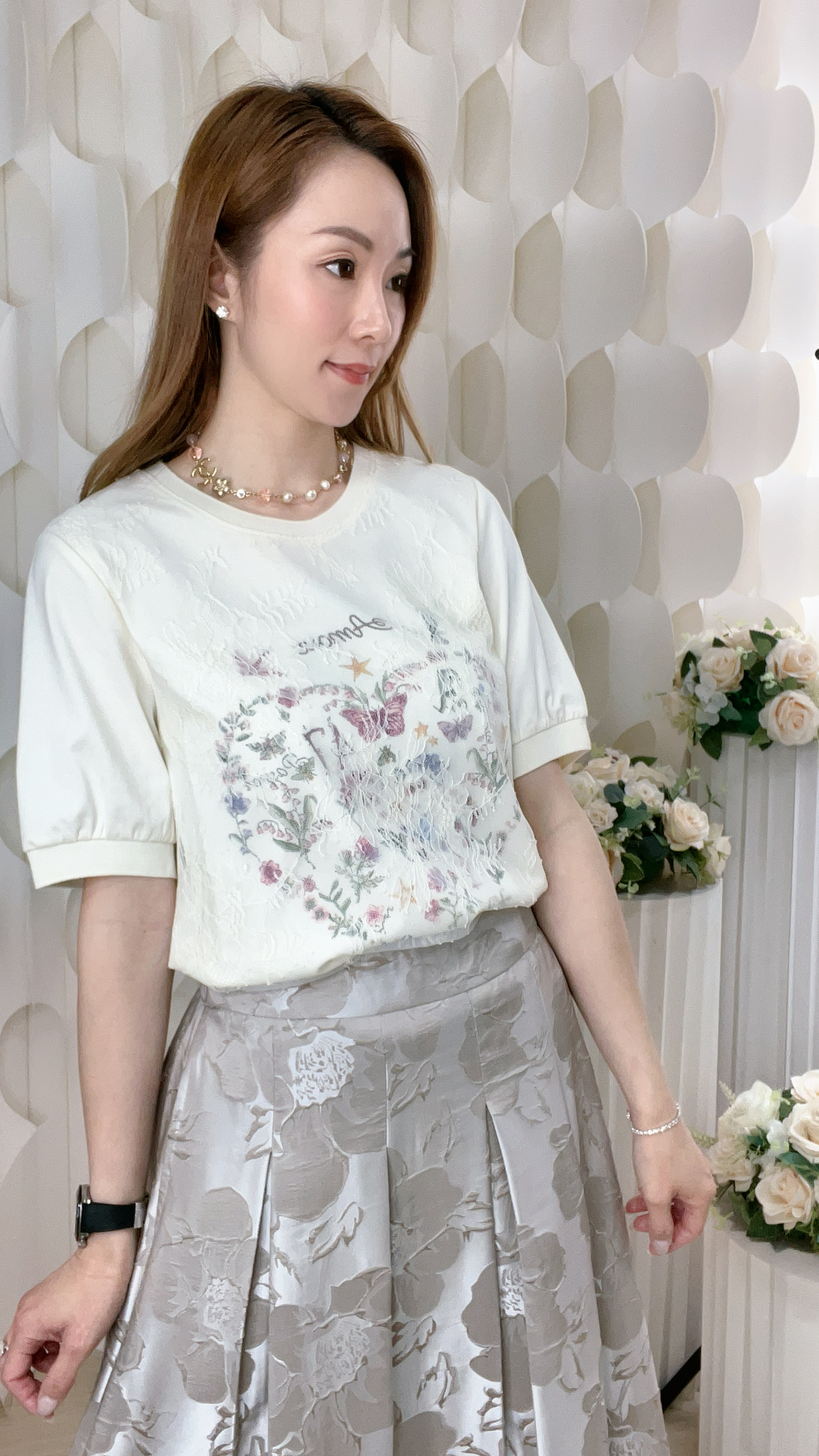 圓領花花圖案棉質拼lace上衣(胸42 腰42 長23吋) 7239 #1903clo