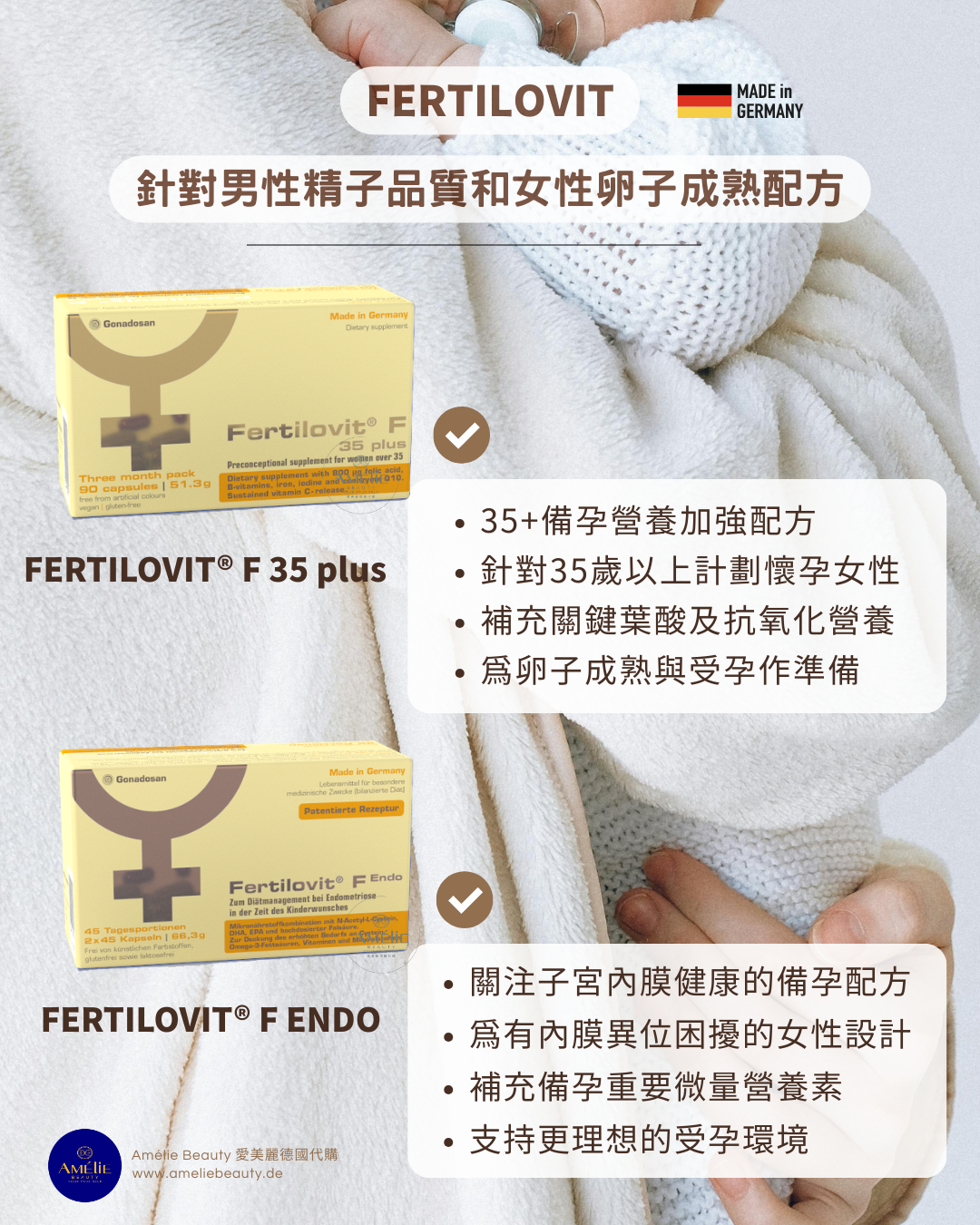 德國製造 Fertilovit F 35 plus 及 F Endo 備孕營養補充品包裝，針對 35 歲以上女性卵子成熟及關注子宮內膜健康設計之關鍵葉酸與微量元素配方 / Fertilovit F 35 plus and F Endo preconception supplements made in Germany featuring folic acid and micronutrient formulas for women over 35 focusing on egg quality and endometrial health