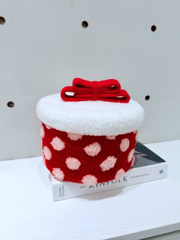 紅白點點毛毛置物籃(附蓋)