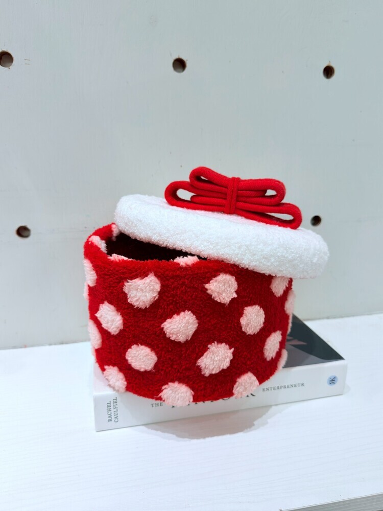 紅白點點毛毛置物籃(附蓋)