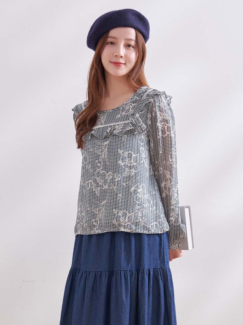 千鳥格紋提花雪紡上衣