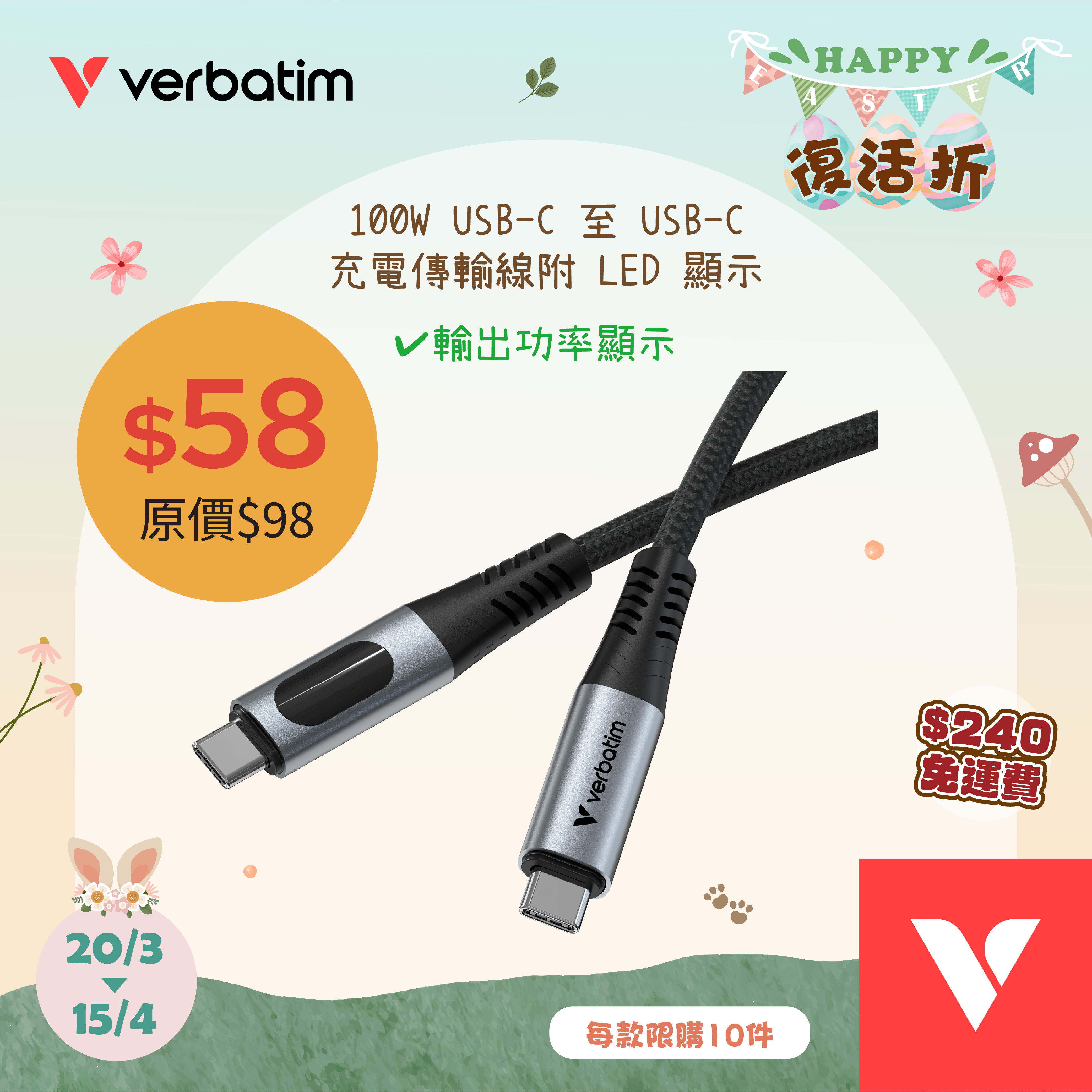 Sync & Charge Cable 100W USB-C to USB-C with LED Display (SCC2-CCD100)