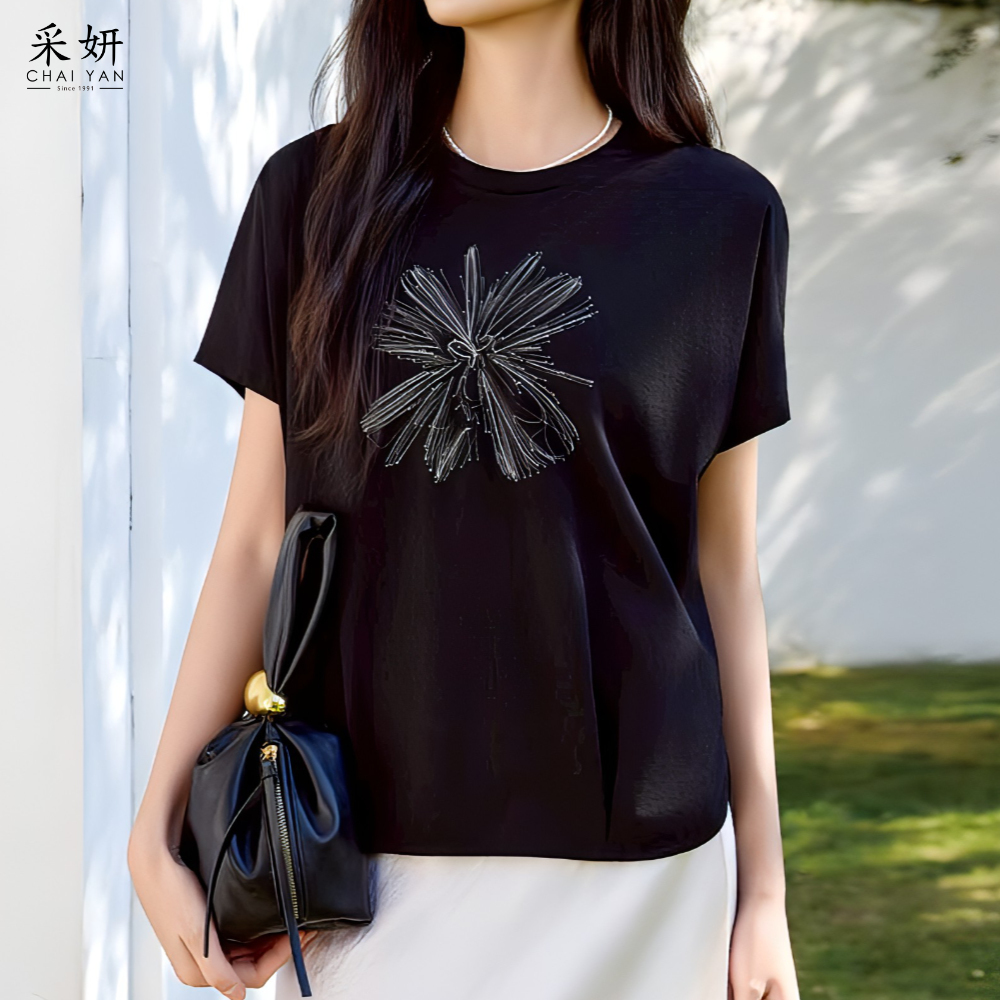 線條感花朵連肩滑棉短袖上衣