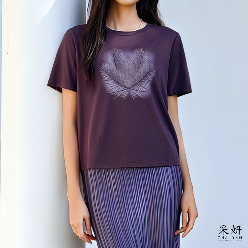 線條感樹葉滑棉短袖上衣