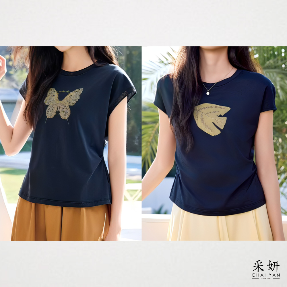 水鑽印花連肩滑棉短袖上衣