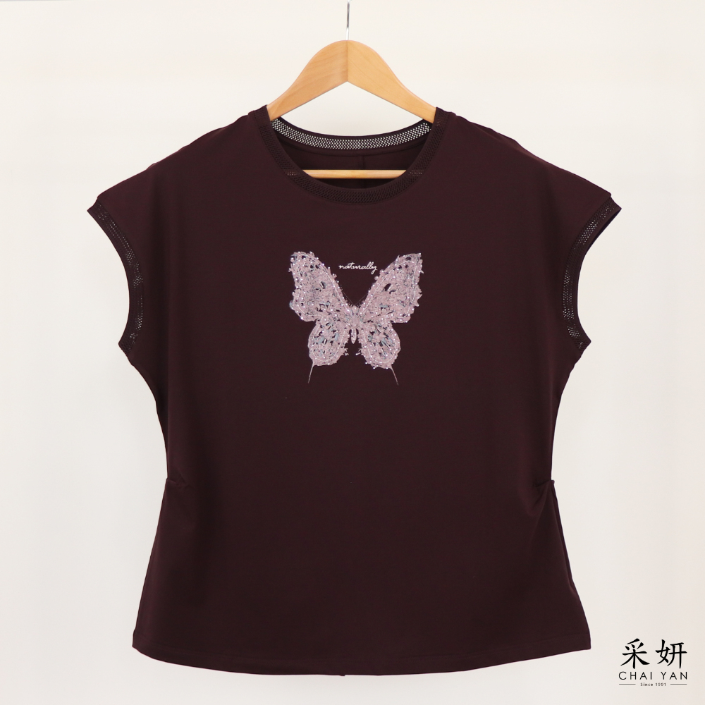 水鑽印花連肩滑棉短袖上衣