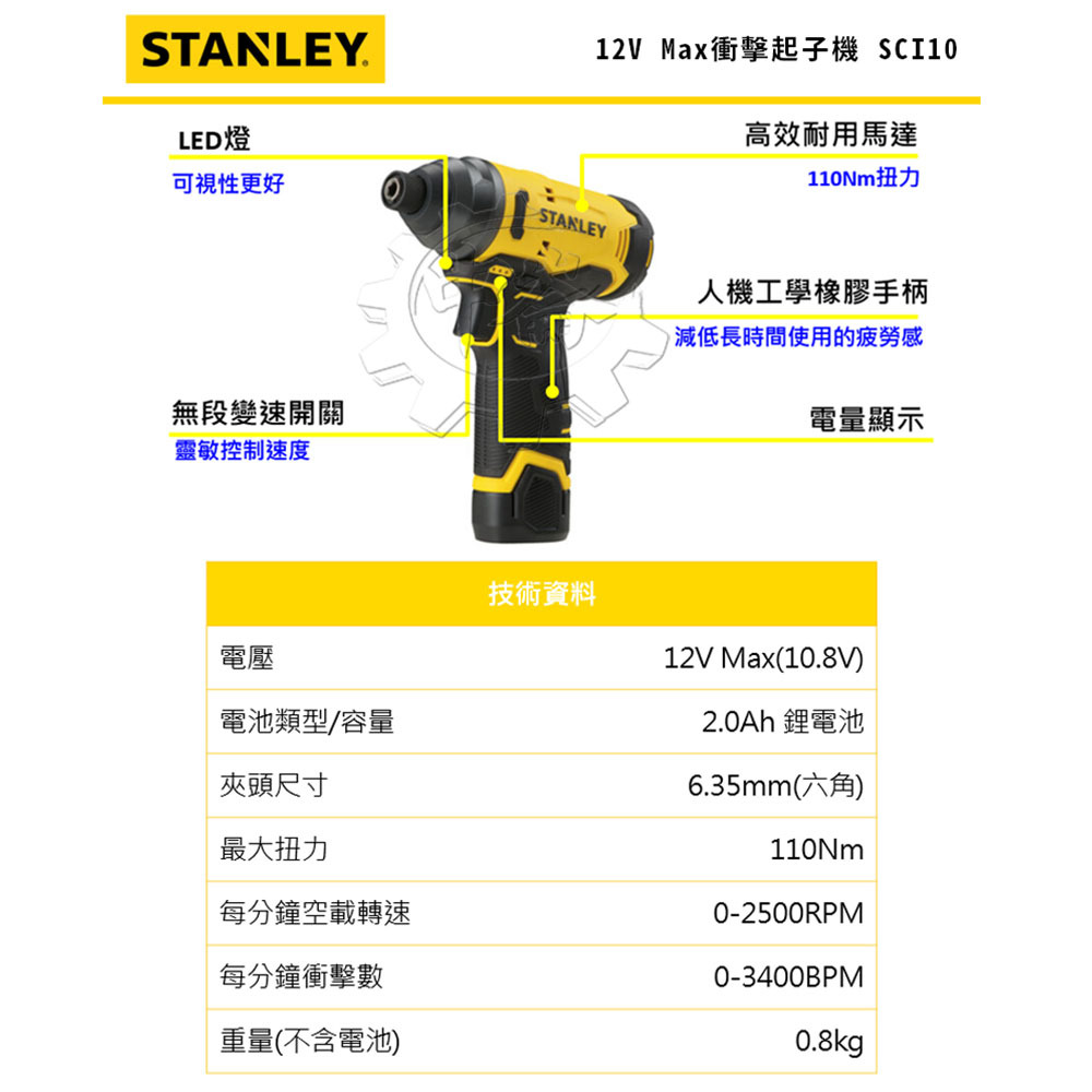 ＊中崙五金【附發票】STANLEY史丹利 12V Max(10.8V) 衝擊起子機 SCI10D2K 電動起子