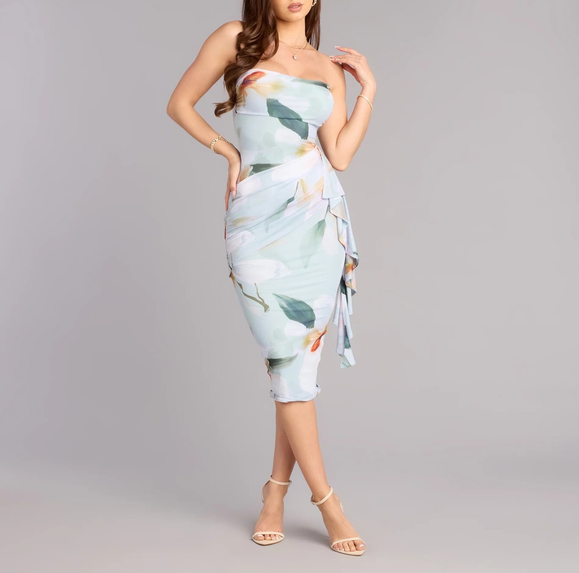 Sage鼠尾草藍綠色花卉印花垂墜荷葉飾邊 Midi Dress