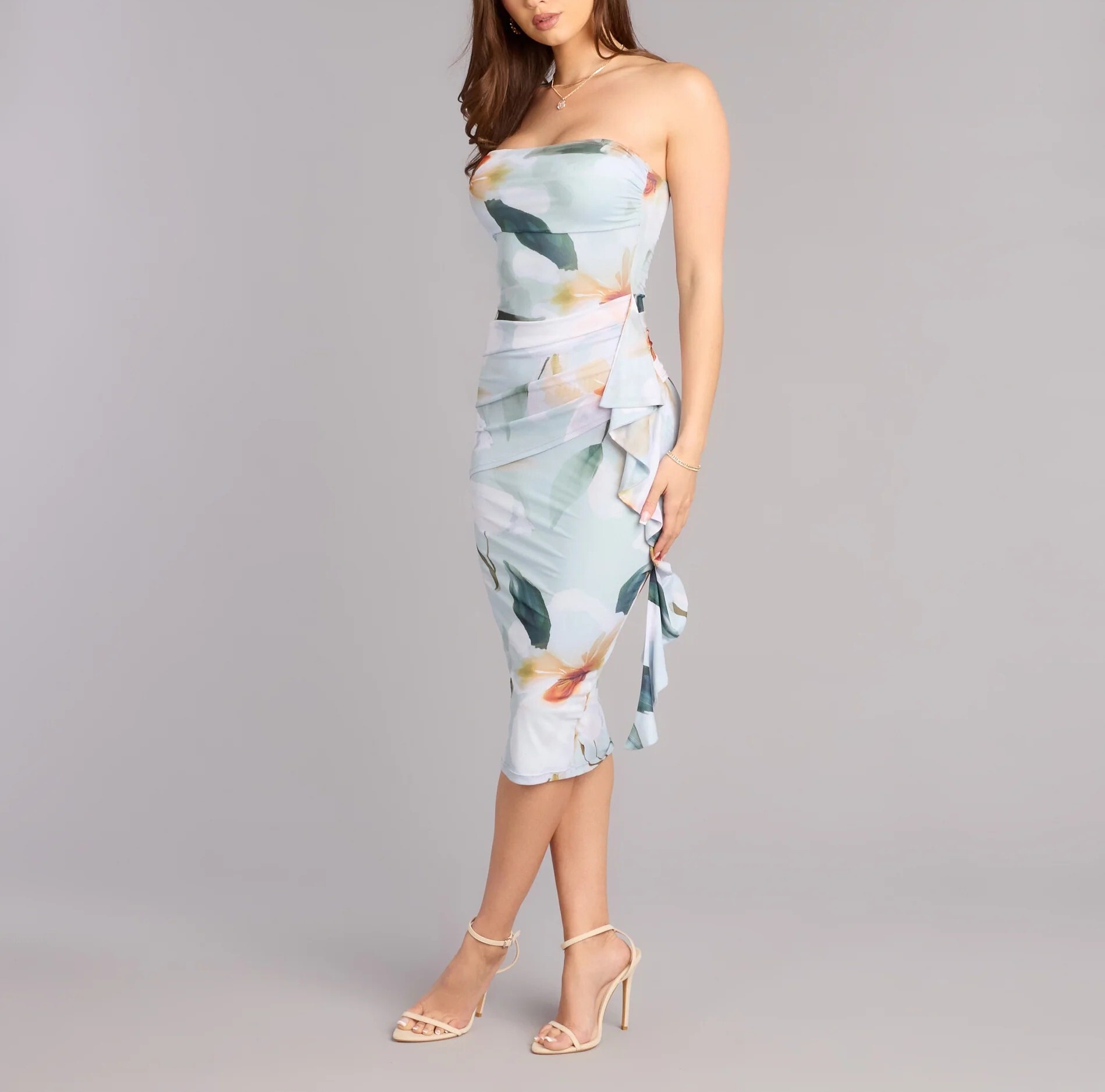 Sage鼠尾草藍綠色花卉印花垂墜荷葉飾邊 Midi Dress