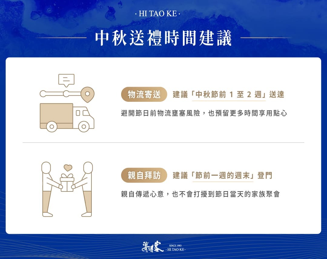 中秋送禮時間建議：物流建議在中求節前1至2週送達、親自拜訪的話建議在節前一週週末登門