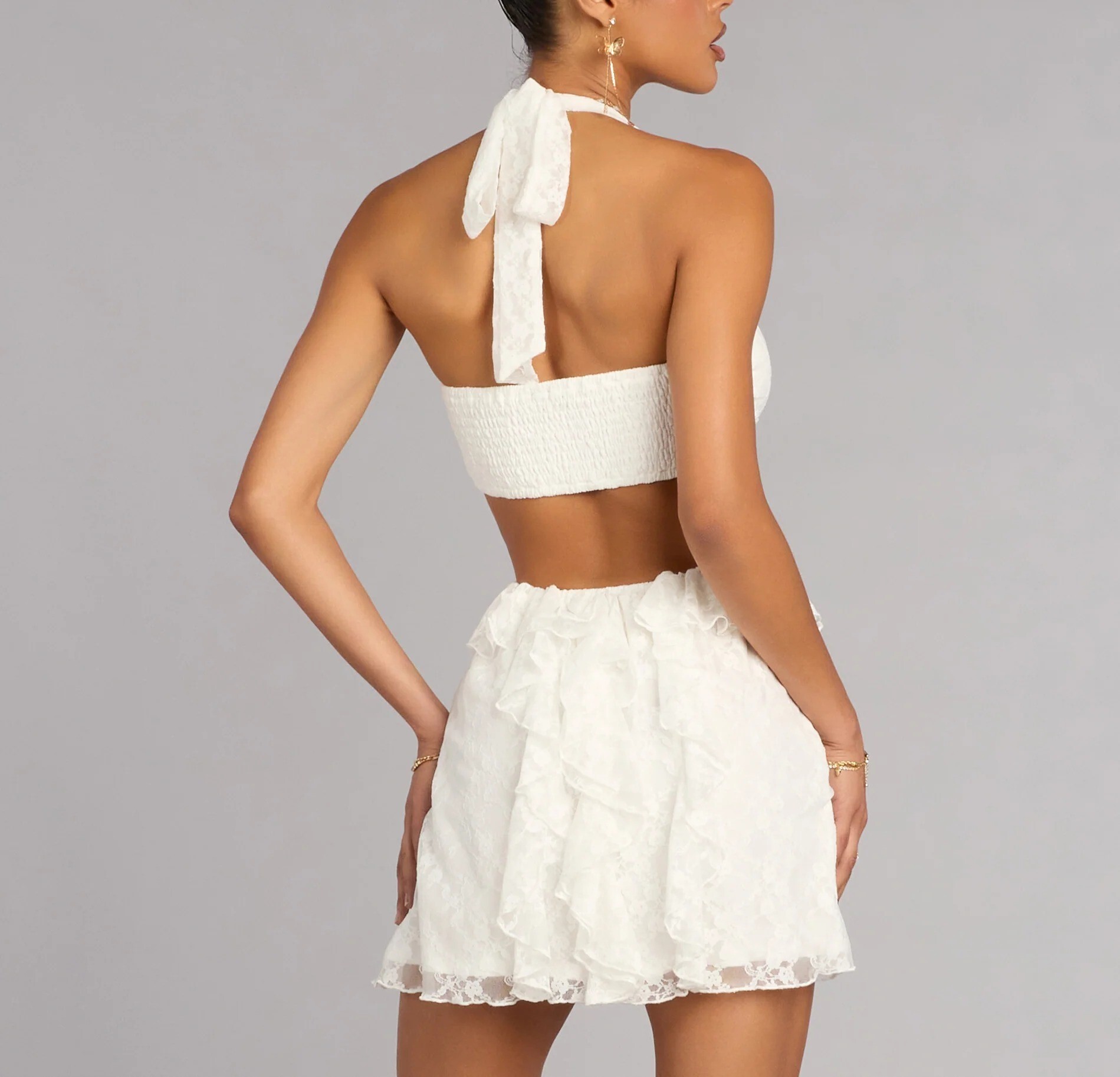 Snow White白色繞脖綁帶Cutout蕾絲荷葉飾邊 Mini Dress