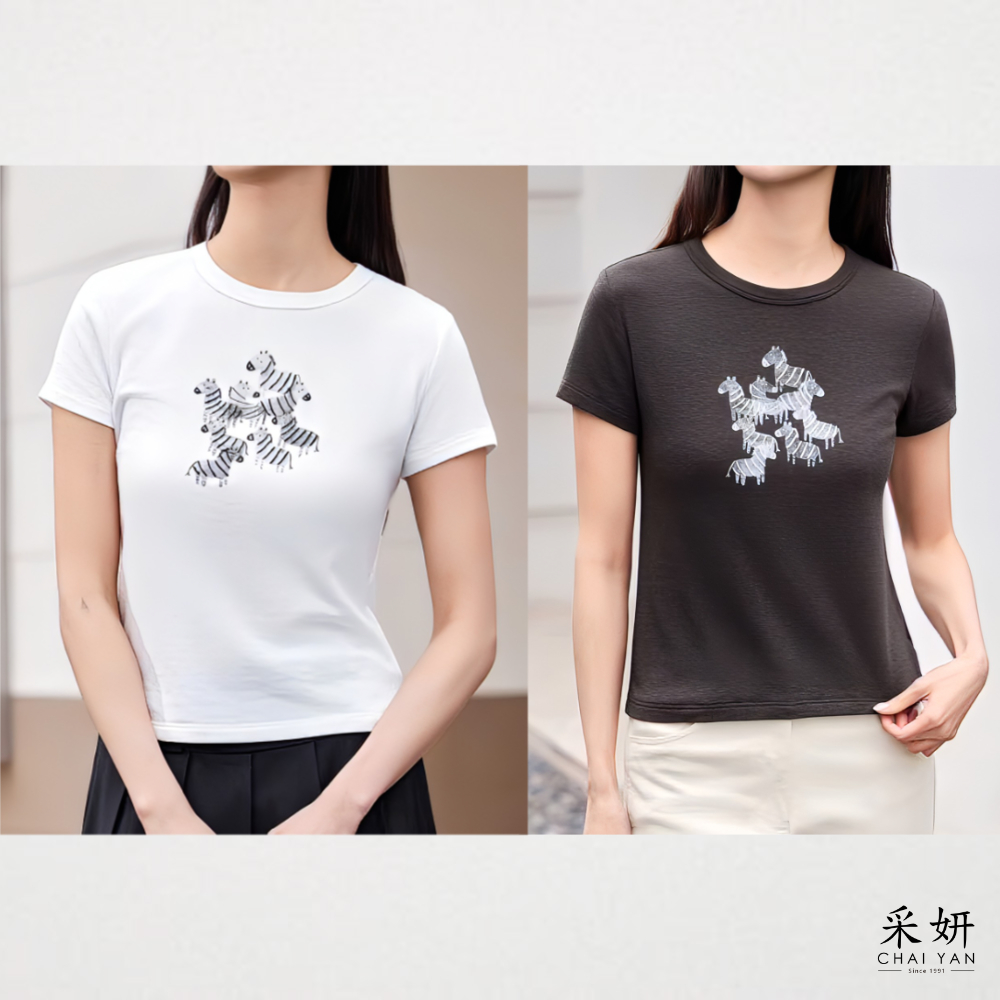 水鑽斑馬高彈棉短袖上衣